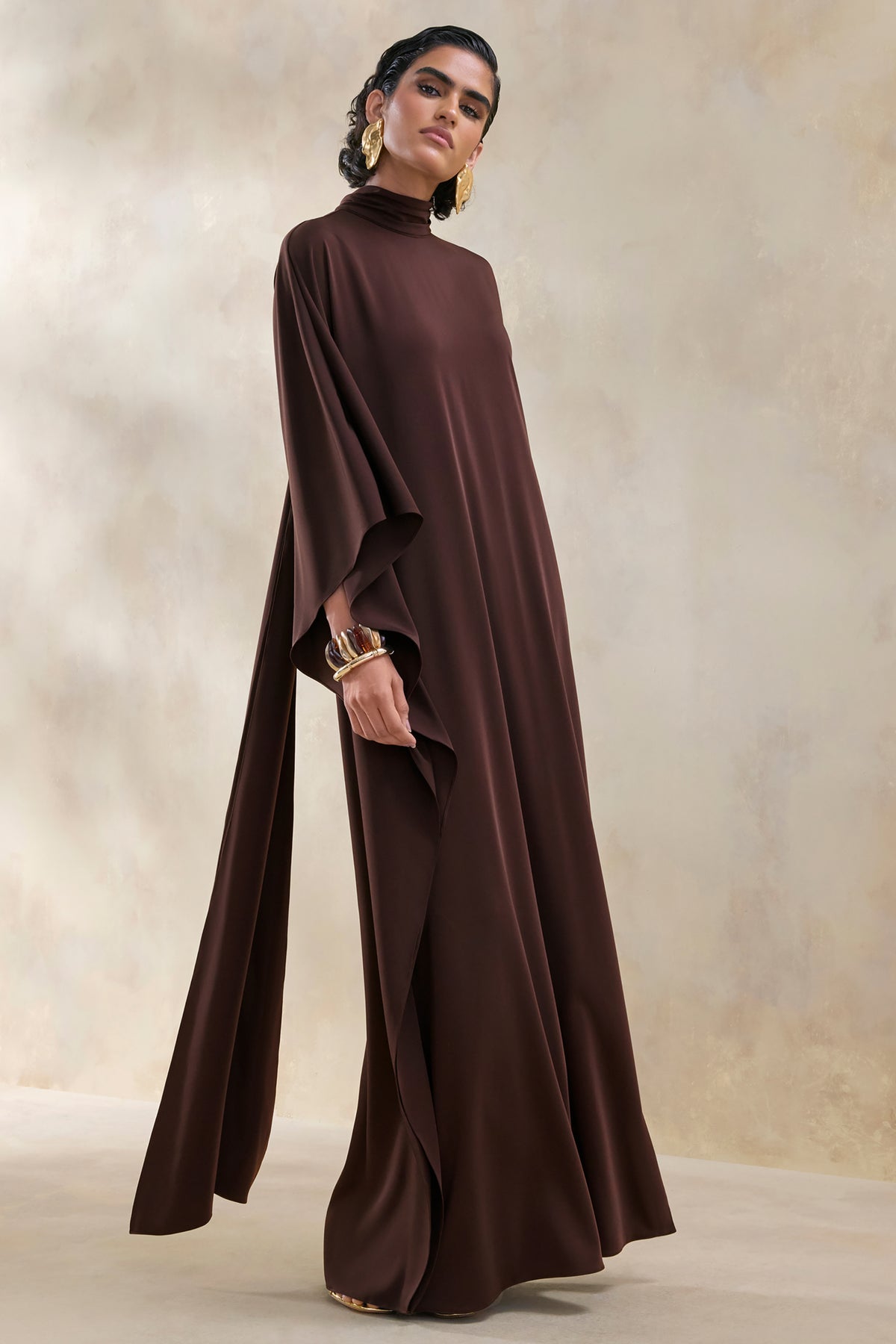 Lumisette | Brown Satin High-Neck Maxi Dress With Cape - UK 14 DARK Brown Lumisette | Brown Satin High-Neck Maxi Dress With Cape - UK 14 DARK Brown