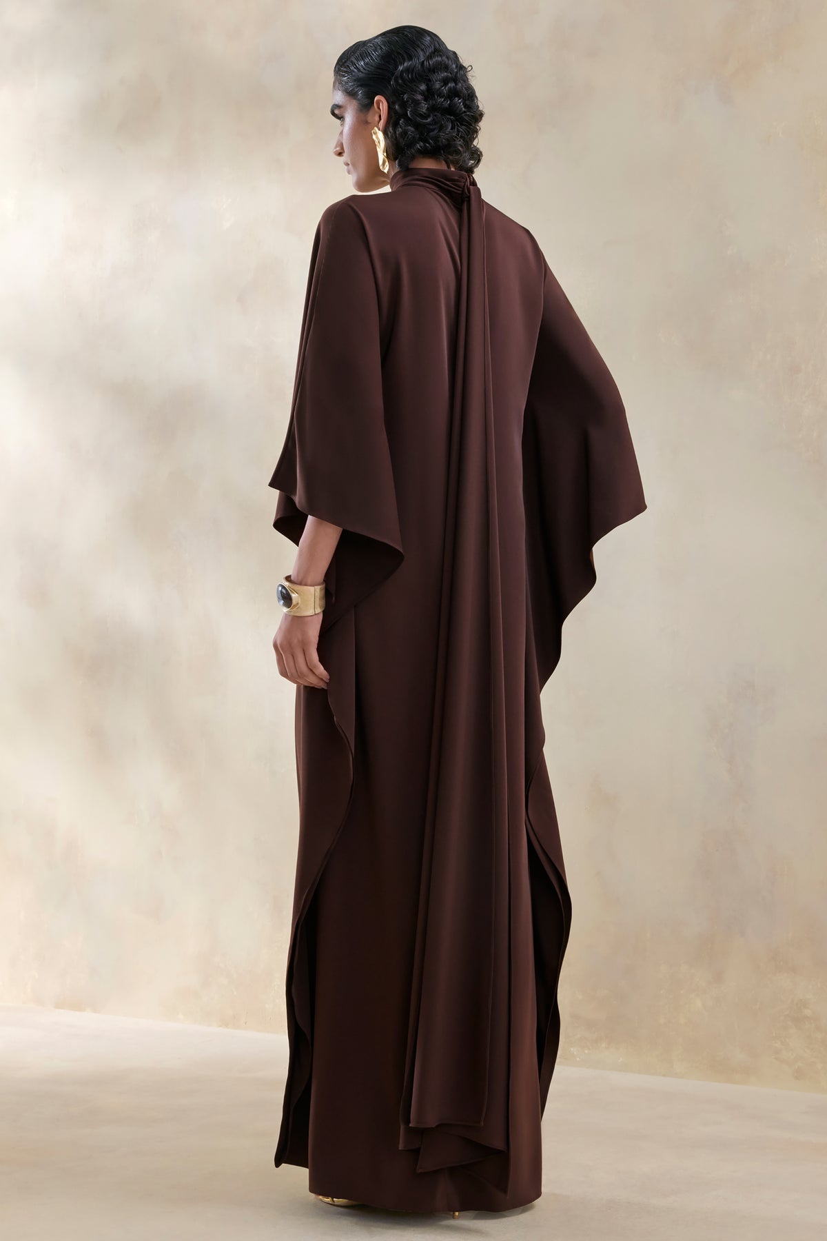 Lumisette Brown Satin High-Neck Maxi Dress With Cape – Club L London