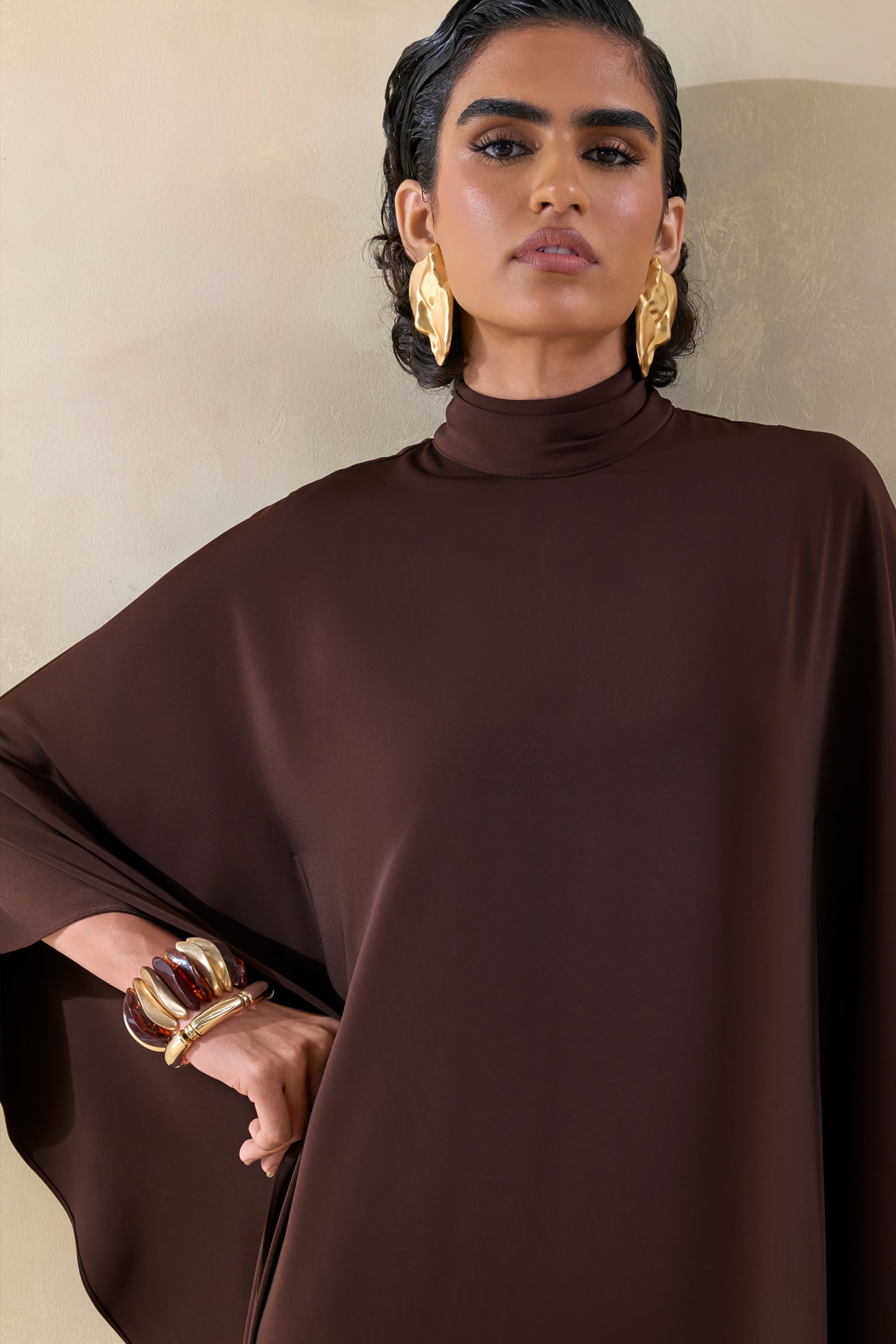 brown satin high neck dress Halter Satin Maxi Dress