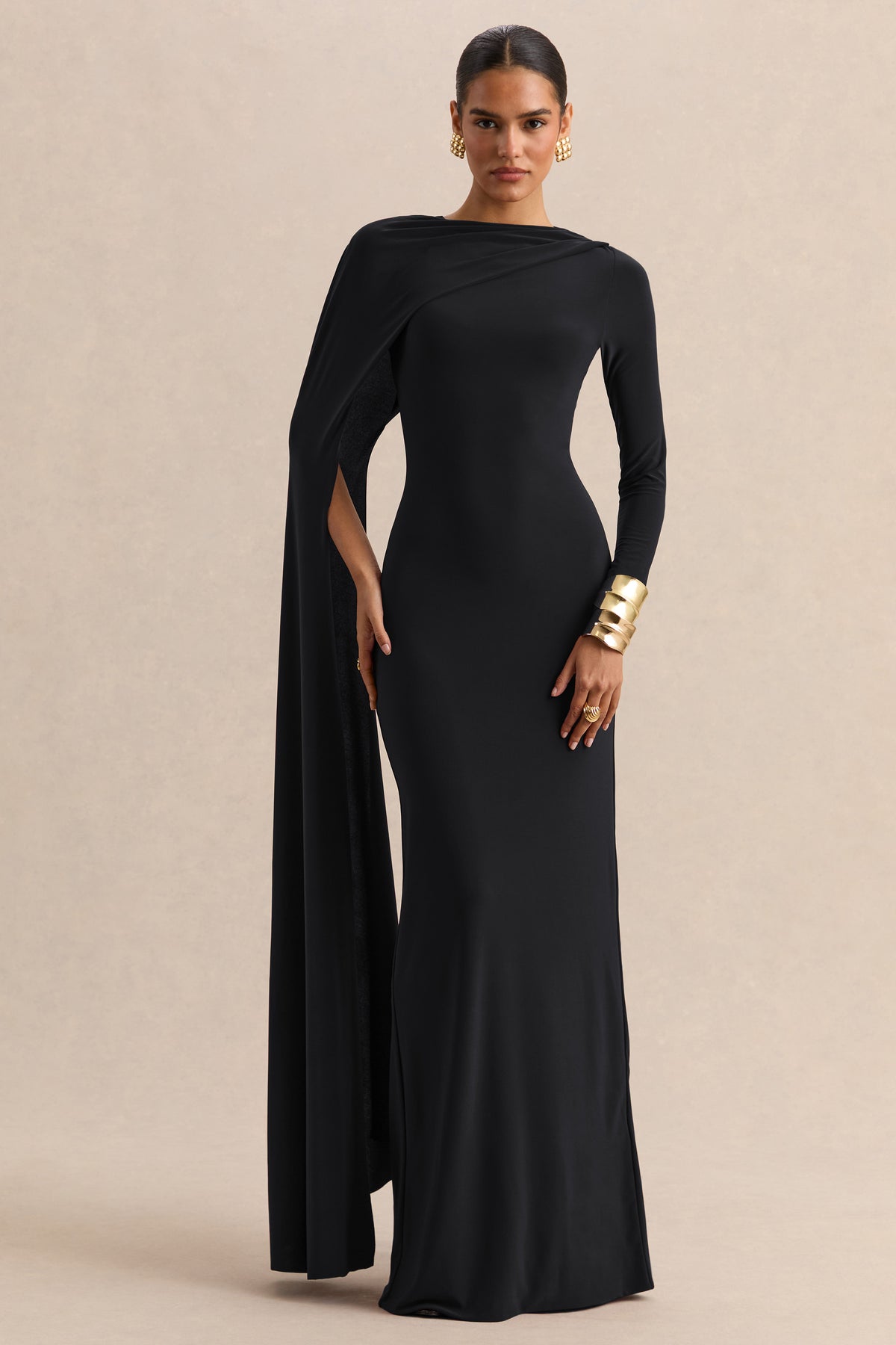Halina Black High-Neck Maxi Dress With Cape-Sleeve – Club L London