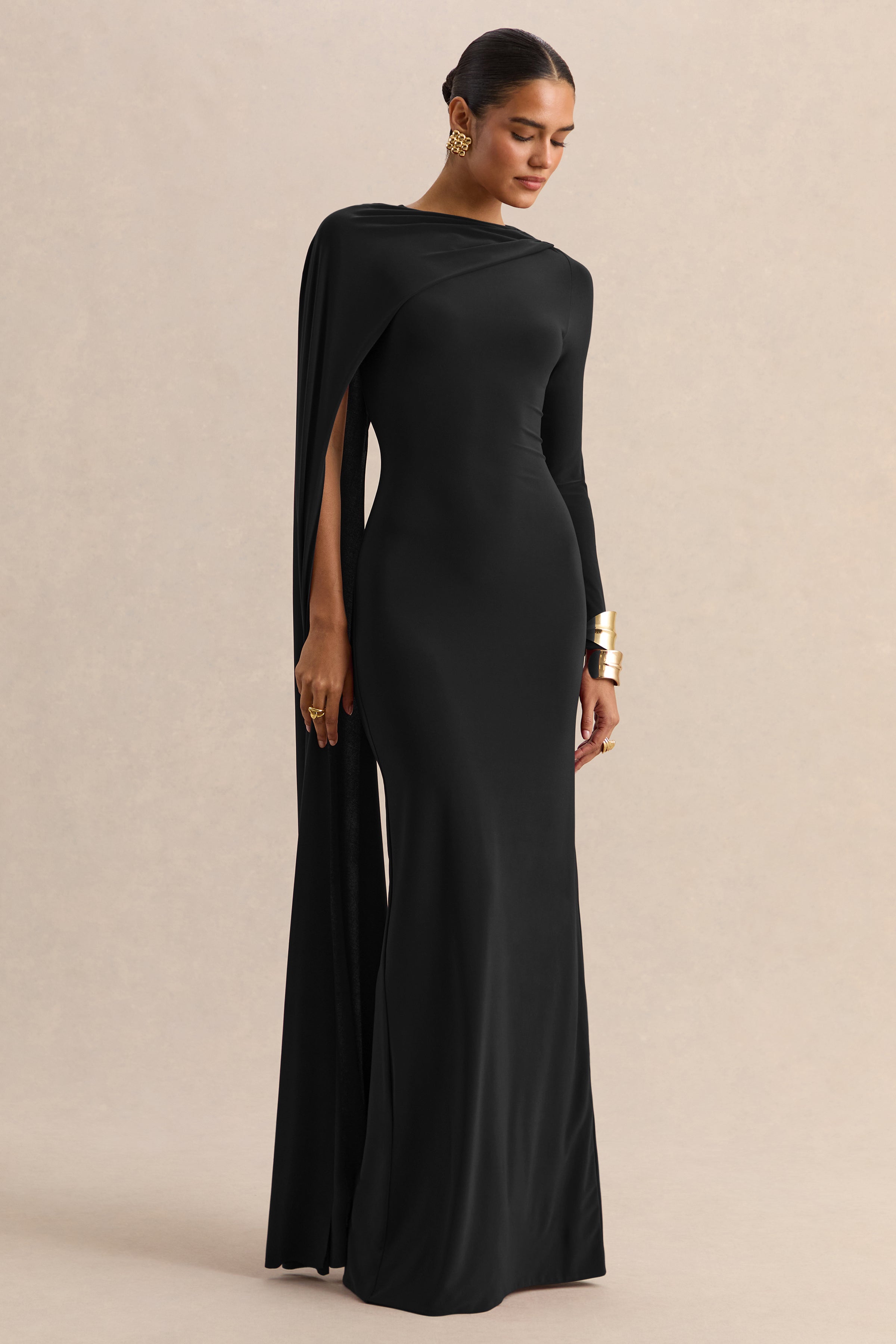 HEVE Layer Cape BL vanilla ブラック Halina | Black High-Neck Maxi Dress With Cape-Sleeve – Club L