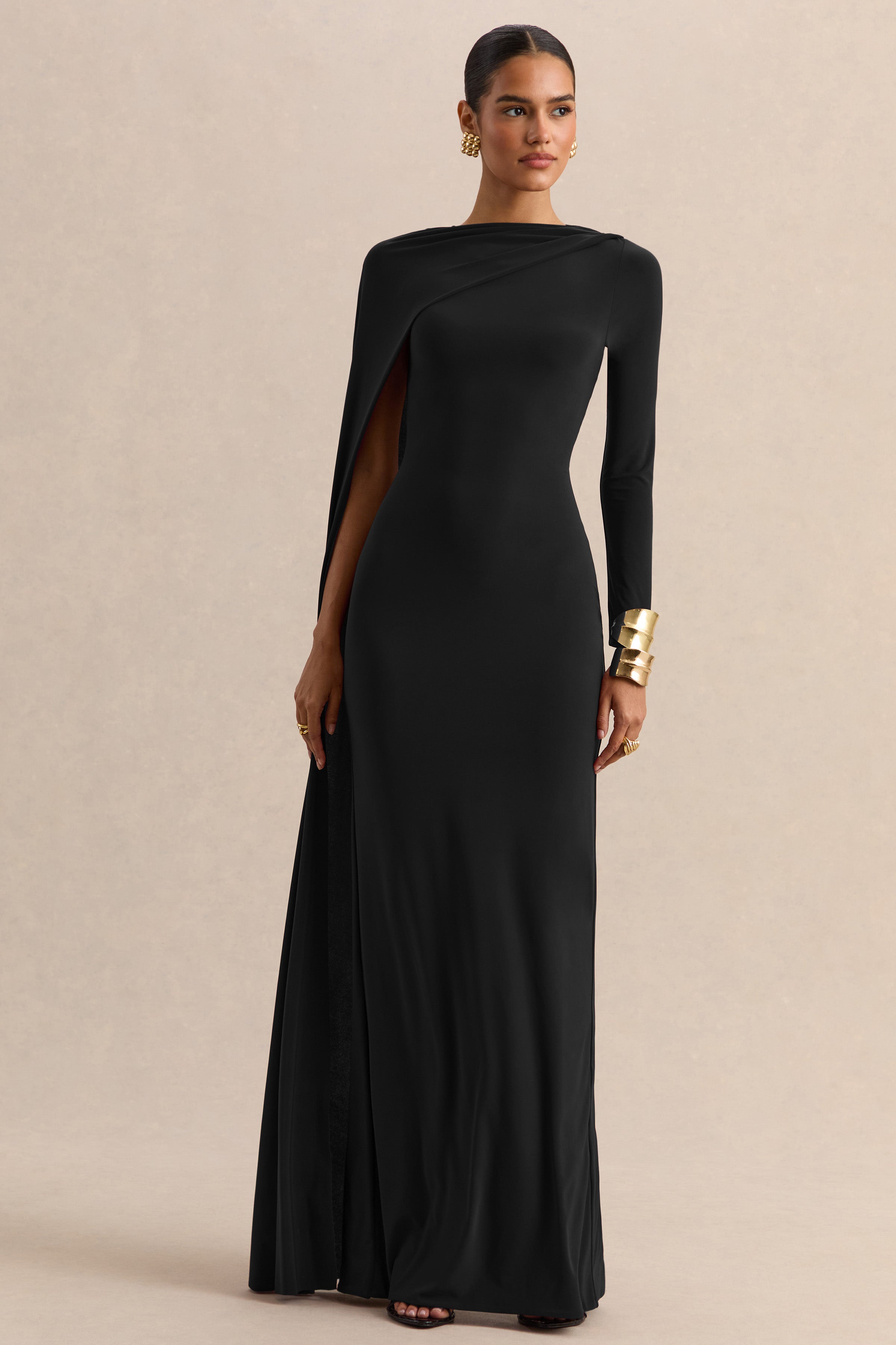 Halina | Black High-Neck Maxi Dress With Cape-Sleeve – Club L
