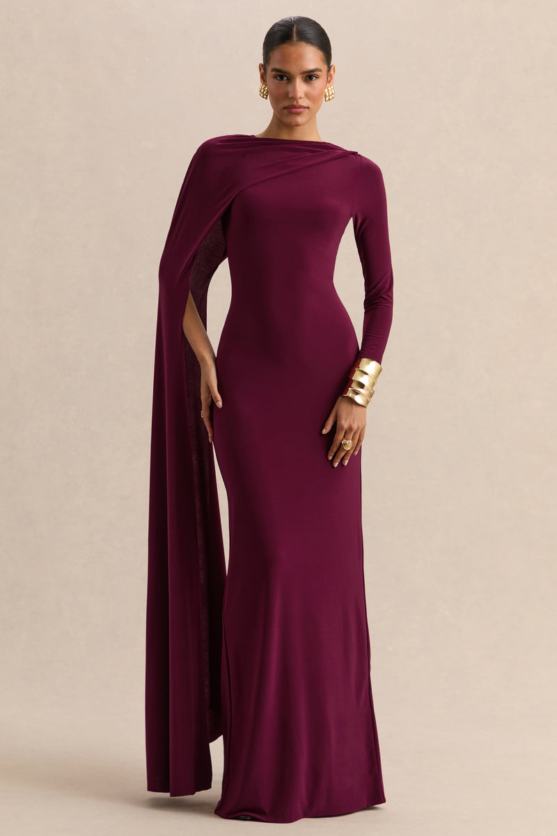 burgundy full sleeve dress Long Sleeve Draped Maxi Dress Burgundy