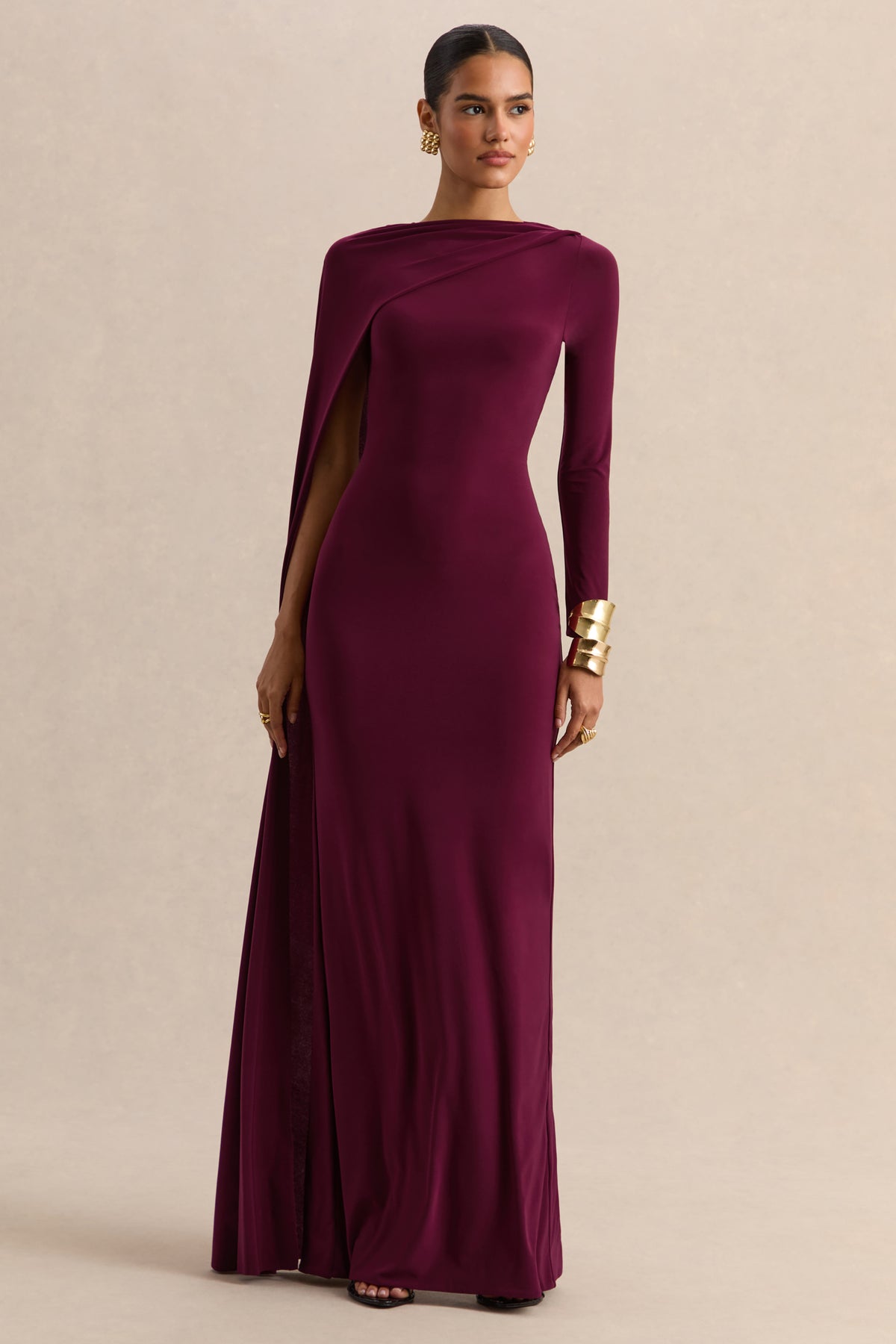 Halina | Burgundy High-Neck Maxi Dress With Cape-Sleeve - UK 6 Burgundy