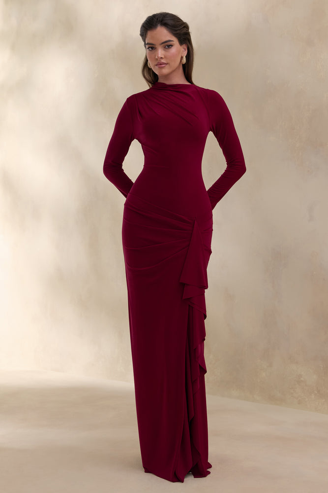 gathered front maxi dress Karessa | Berry High-Neck Maxi Dress With Gathered Detailing And Front-High Split