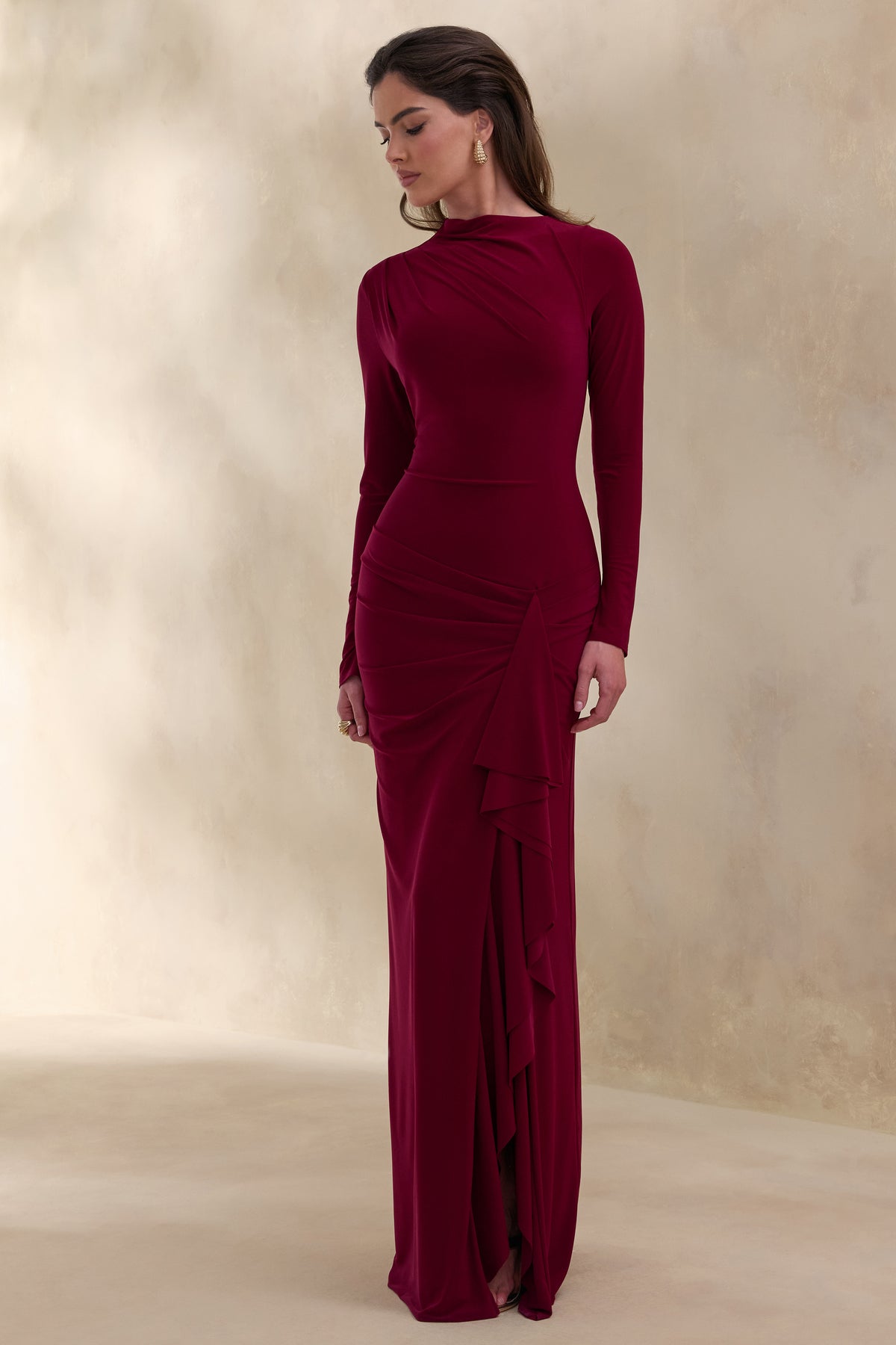 gold junior bridesmaid dresses Karessa | Berry High-Neck Maxi Dress With Gathered Detailing And Front-High Split