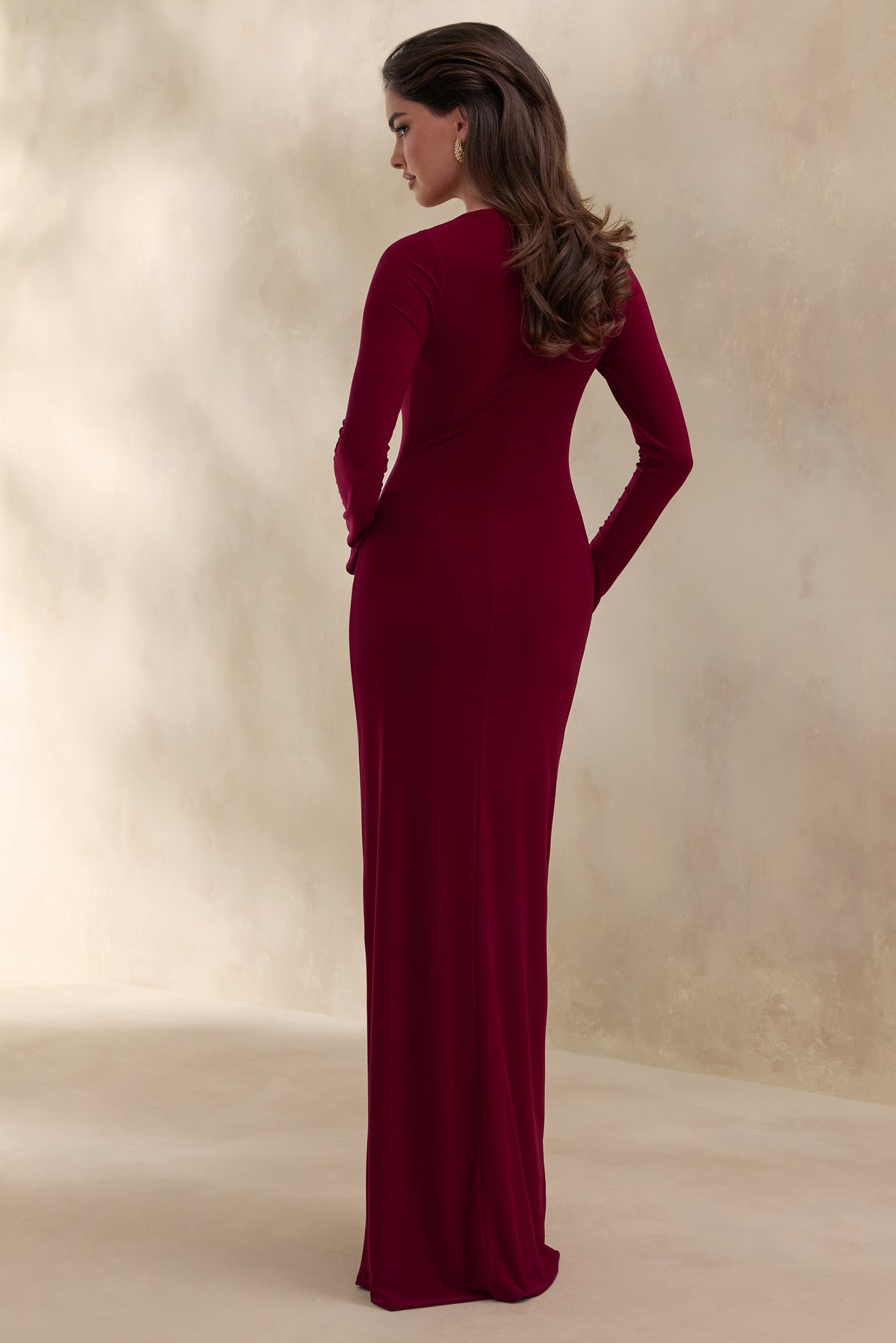 Karessa | Berry High-Neck Maxi Dress With Gathered Detailing And Front-High Split - UK 14 Berry Karessa | Berry High-Neck Maxi Dress With Gathered Detailing And Front-High Split - UK 14 Berry