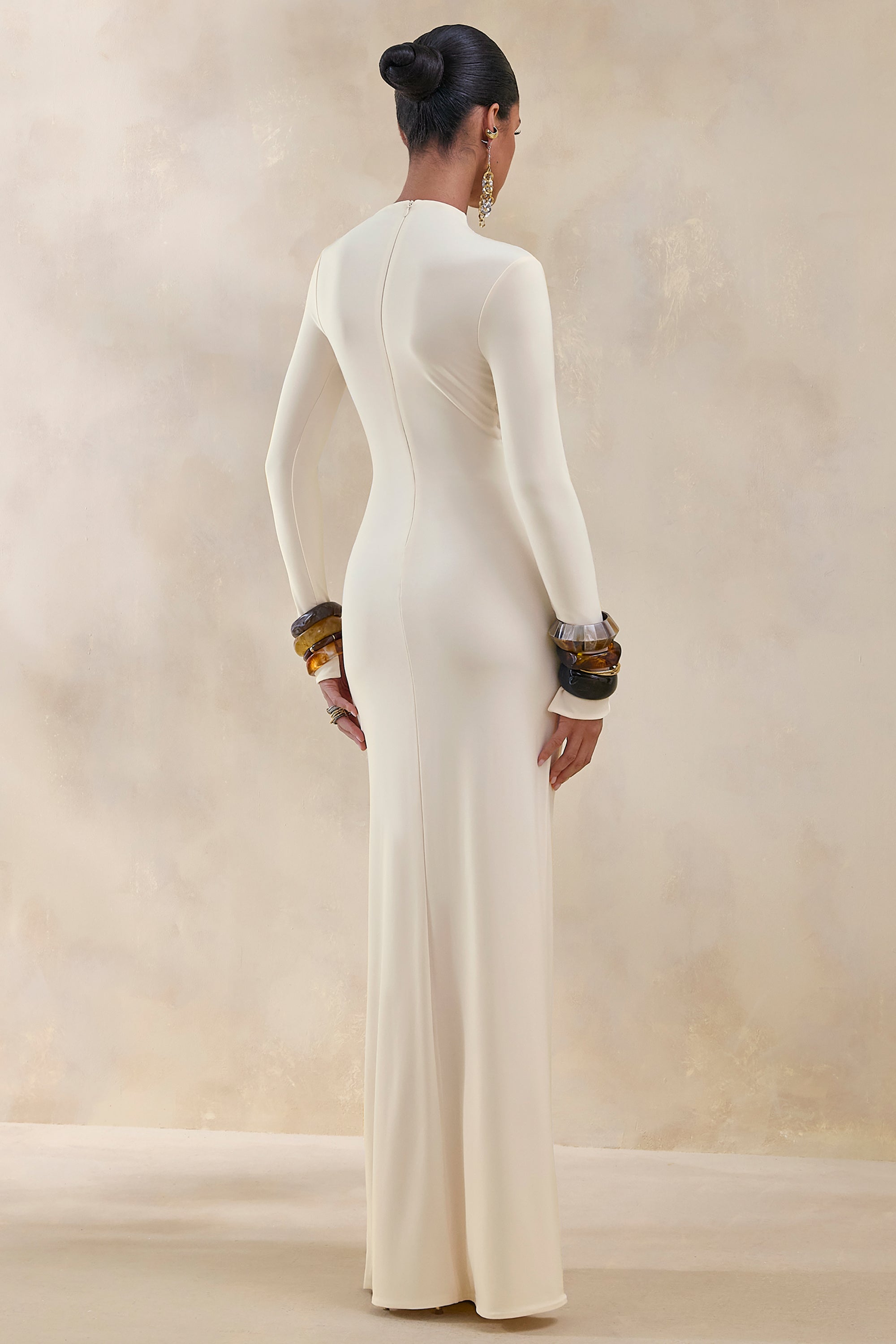 Karessa | Cream High-Neck Maxi Dress With Gathered Detailing And Front-High Split