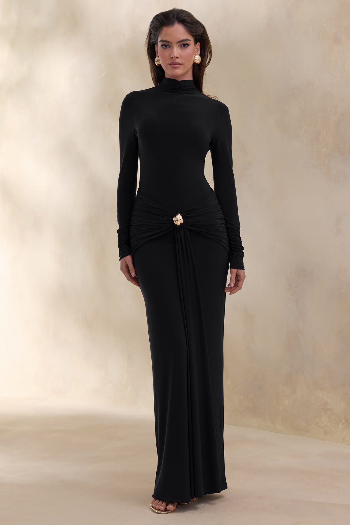 Ambrette Black High-Neck Maxi Dress With Gathered-Detailing – Club L