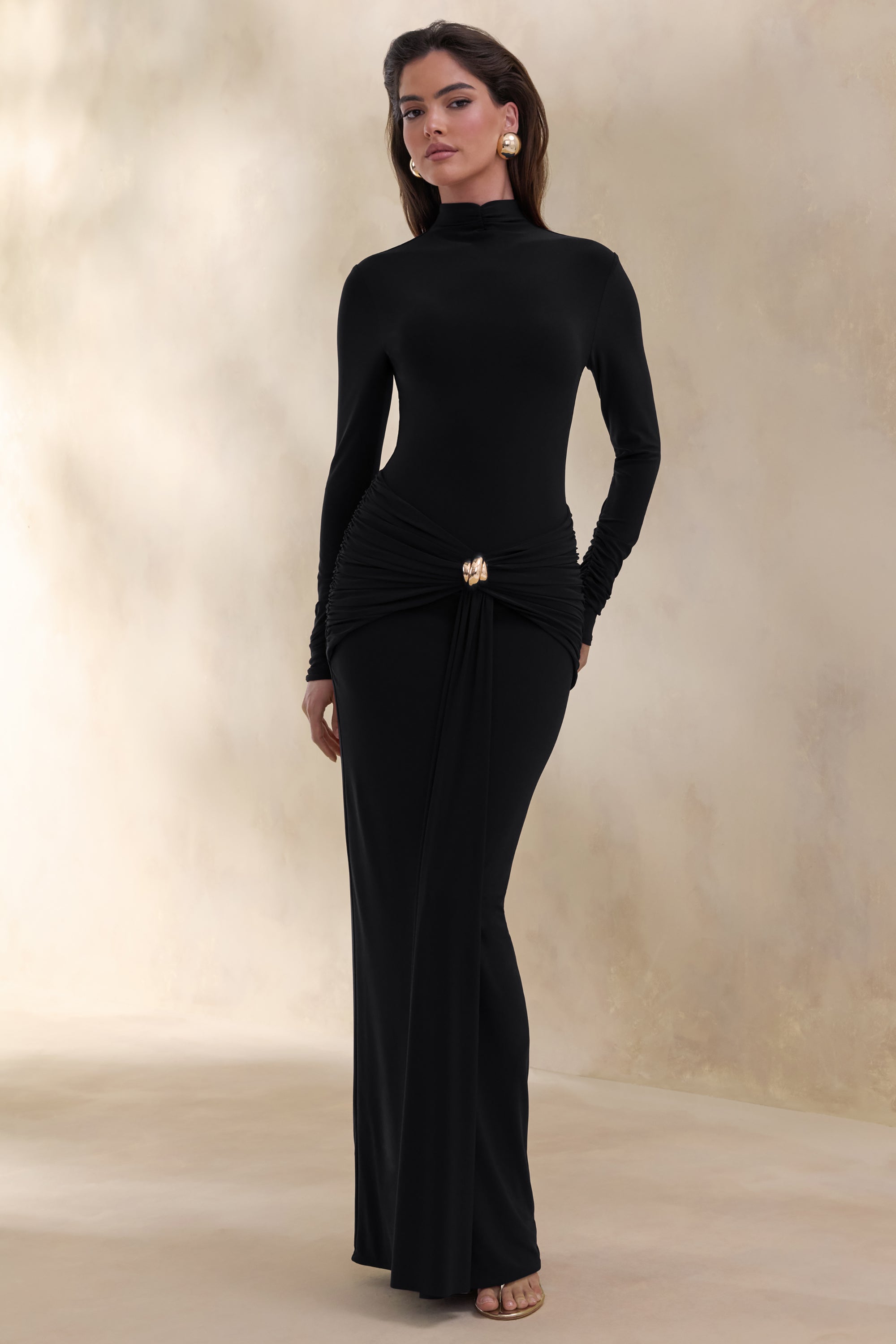high neck maxi evening dress Shona Joy - La Lune High Neck Balloon Sleeve Maxi Dress - Gold