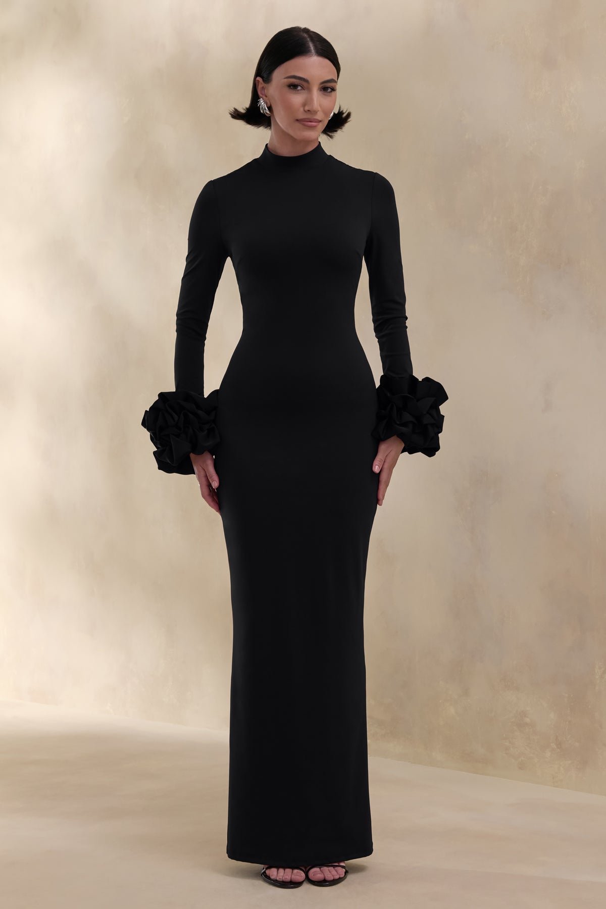 Jaselle Black High-Neck Maxi Dress With Ruffled Satin-Cuffs – Club L