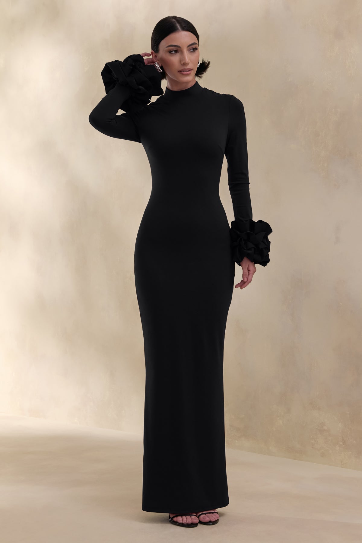 Jaselle Black High-Neck Maxi Dress With Ruffled Satin-Cuffs – Club L