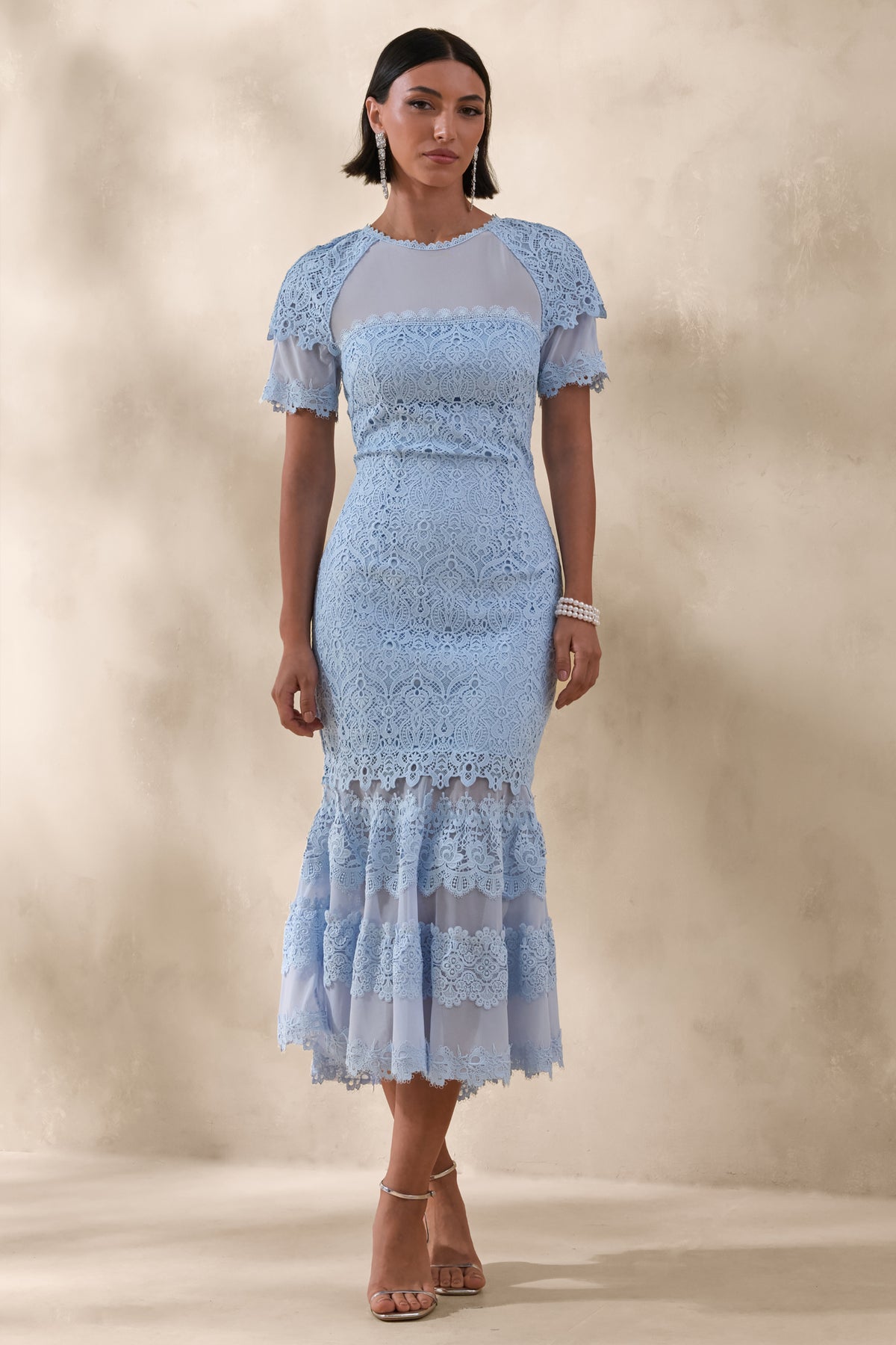 Leanne Powder Blue Mesh And Lace Crew-Neck Fishtail Midi Dress Club L London - USA Leanne Powder Blue Mesh And Lace Crew-Neck Fishtail Midi Dress Club L London - USA