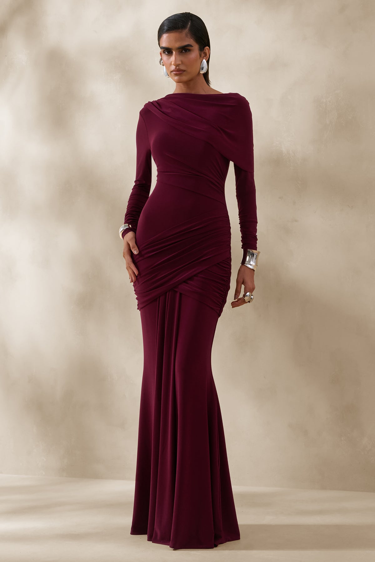 Kessara | Burgundy Asymmetric-Neck Maxi Dress With Sash And Gathered-Detailing - UK 14 Burgundy Kessara | Burgundy Asymmetric-Neck Maxi Dress With Sash And Gathered-Detailing - UK 14 Burgundy