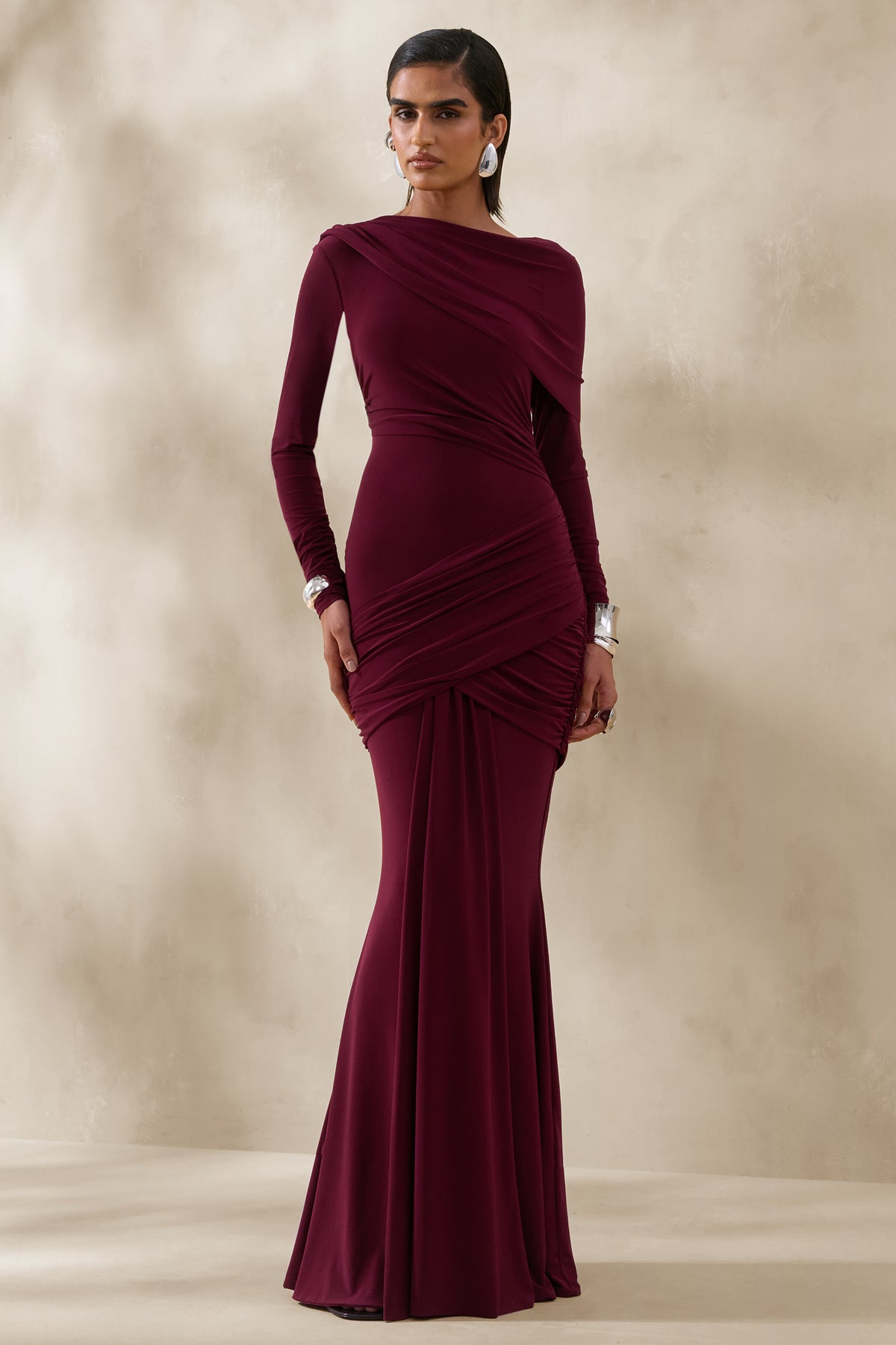 Kessara Burgundy Asymmetric-Neck Maxi Dress With Sash And Gathered-D – Club  L London