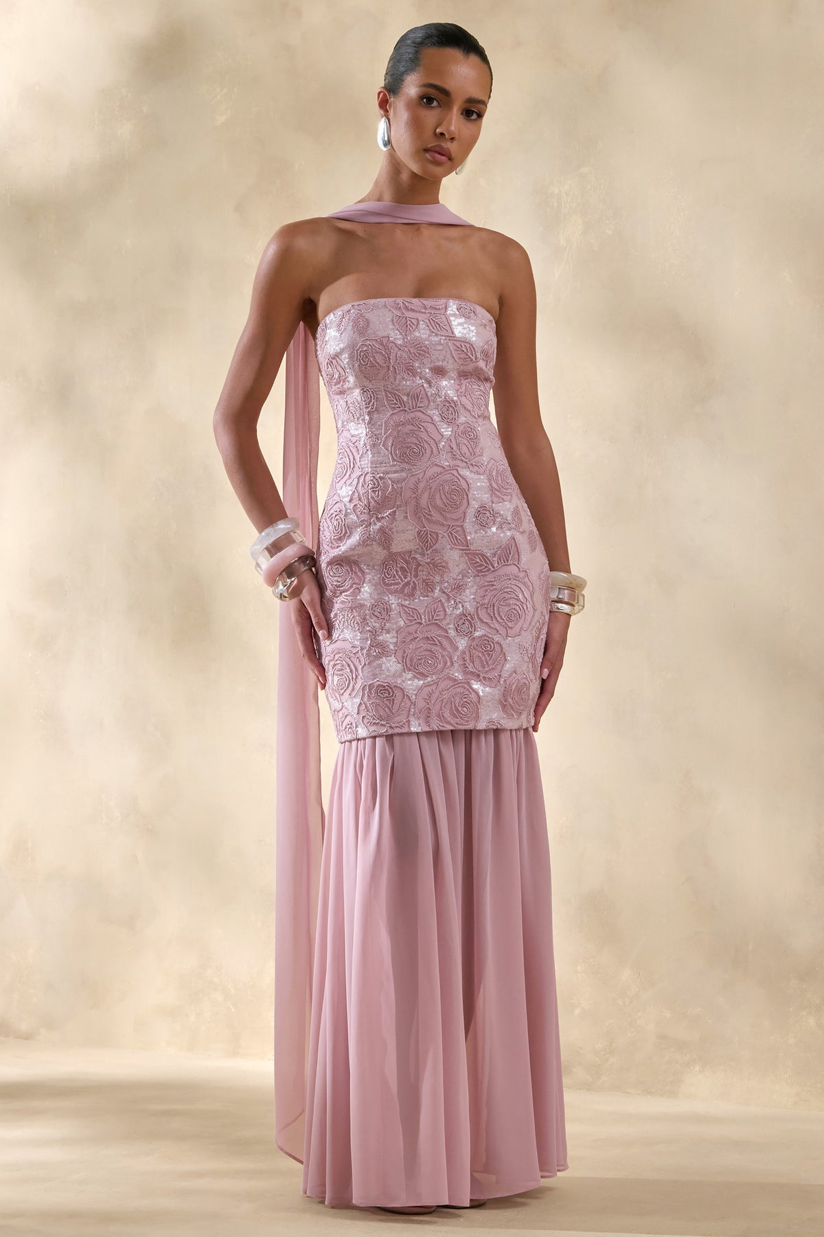 Meraly Pink Sequin Bandeau Maxi Dress With Scarf-Detail Club L London - USA Meraly Pink Sequin Bandeau Maxi Dress With Scarf-Detail Club L London - USA