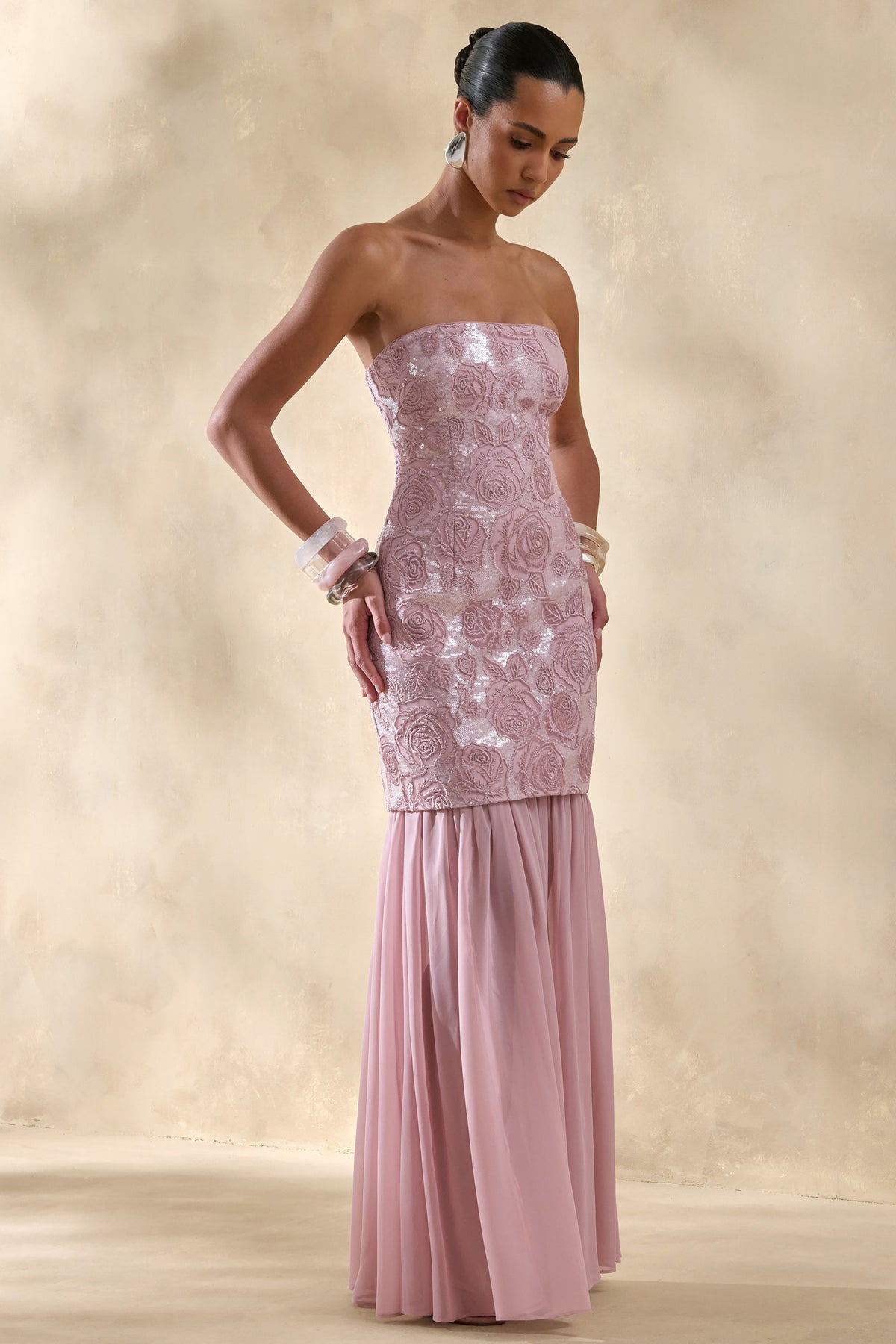 Meraly | PINK Sequin Bandeau Maxi Dress With Scarf-Detail - UK 10 PINK Meraly | PINK Sequin Bandeau Maxi Dress With Scarf-Detail - UK 10 PINK