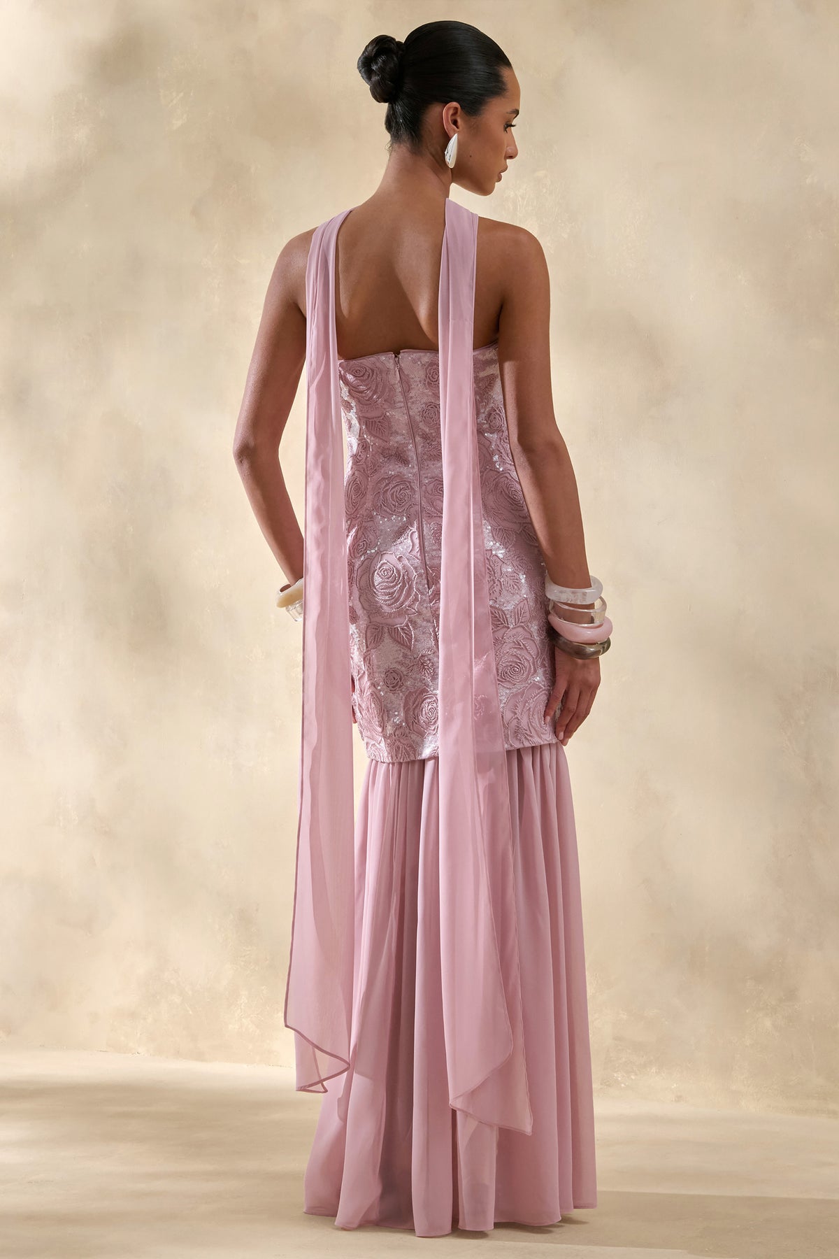 Meraly Pink Sequin Bandeau Maxi Dress With Scarf-Detail – Club L London