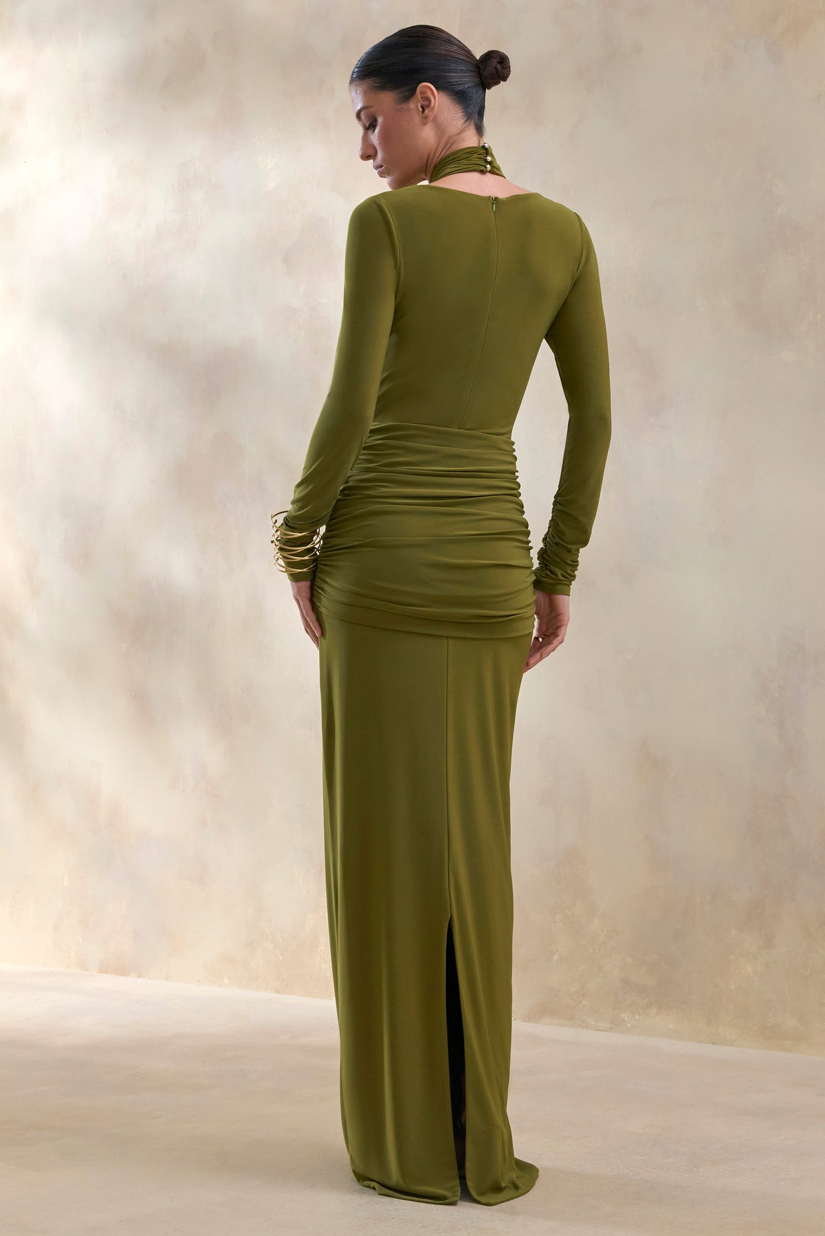 Linessa | Olive High-Neck Maxi Dress With Sash And Gathered-Detailing - UK 14 Olive Linessa | Olive High-Neck Maxi Dress With Sash And Gathered-Detailing - UK 14 Olive