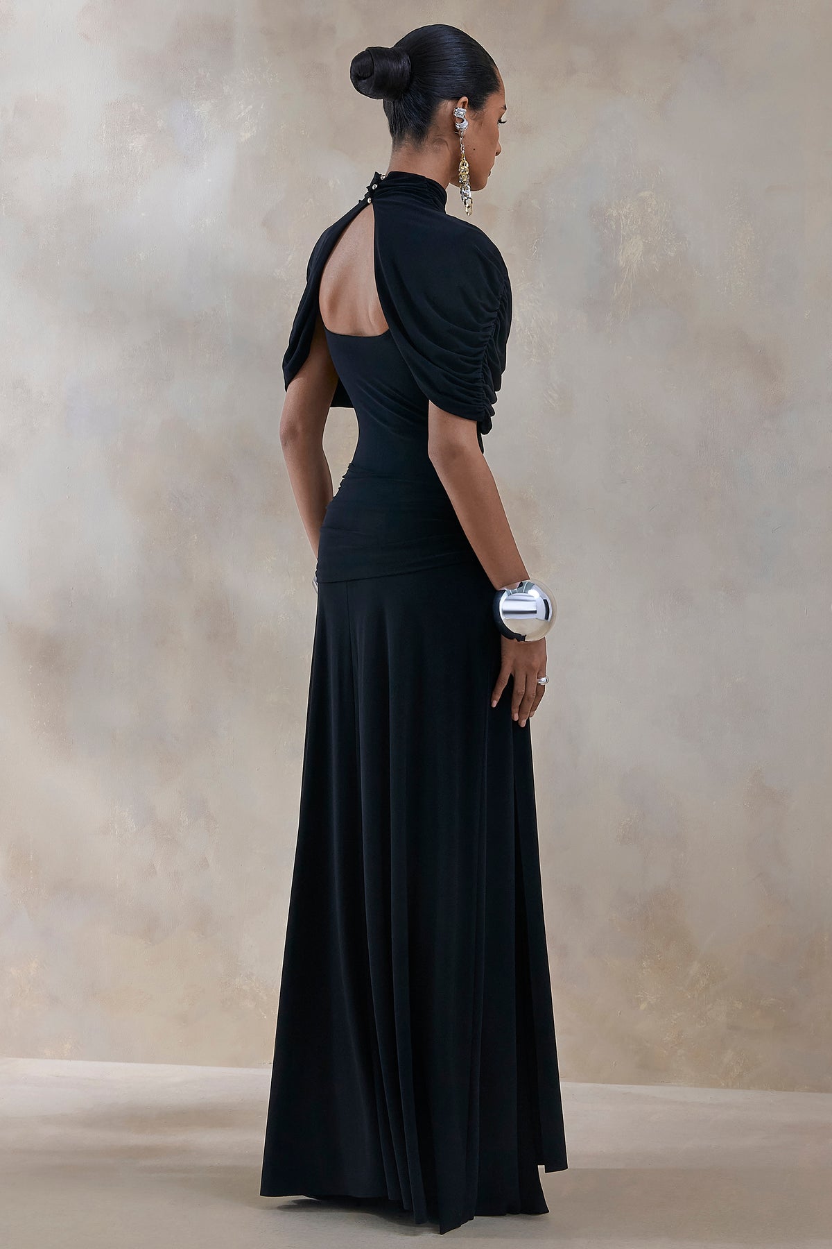 black maxi dress with short sleeves Evelisse | Black High-Neck Maxi Dress With Short-Cape Sleeves