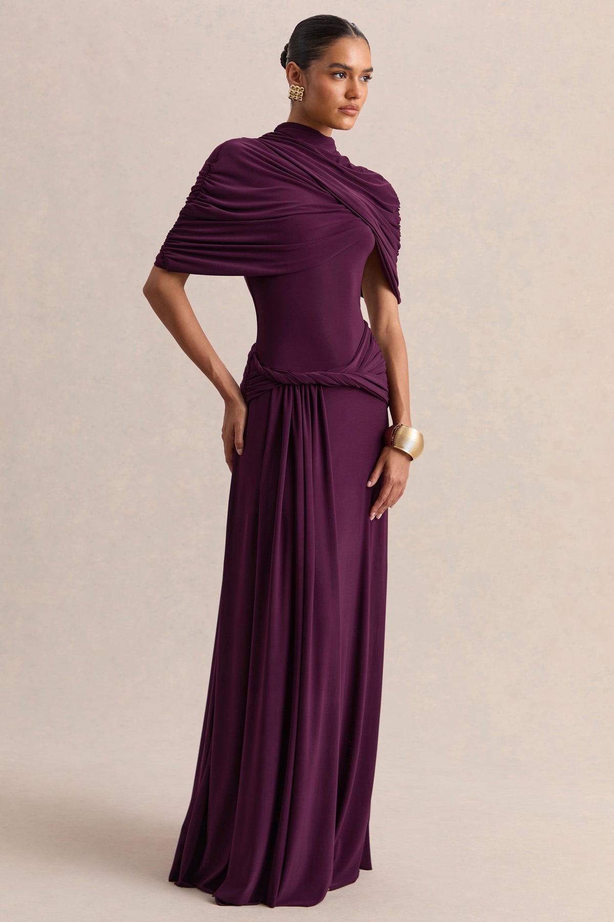 Evelisse | PLUM High-Neck Maxi Dress With Short-Cape Sleeves - UK 8 PLUM Evelisse | PLUM High-Neck Maxi Dress With Short-Cape Sleeves - UK 8 PLUM