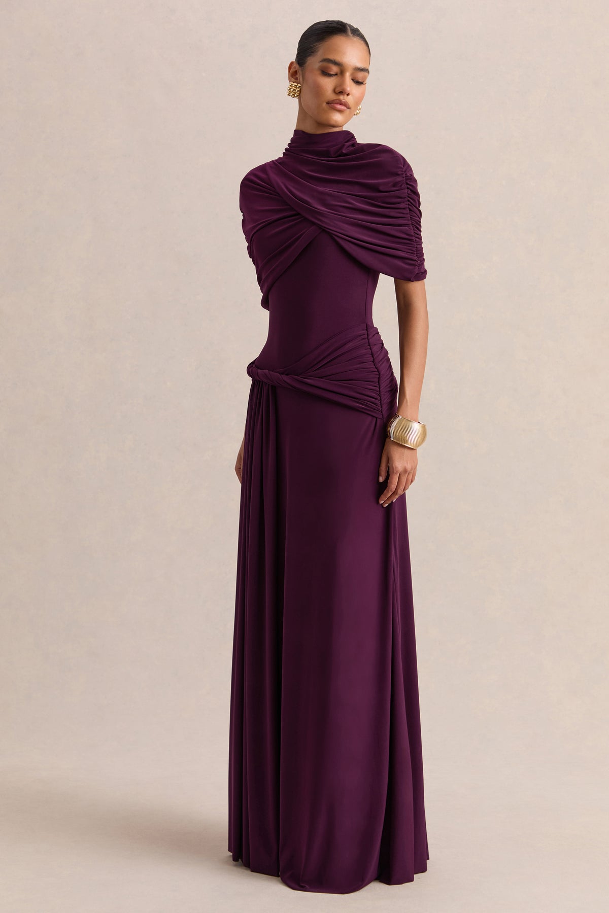 Evelisse | PLUM High-Neck Maxi Dress With Short-Cape Sleeves - UK 8 PLUM Evelisse | PLUM High-Neck Maxi Dress With Short-Cape Sleeves - UK 8 PLUM
