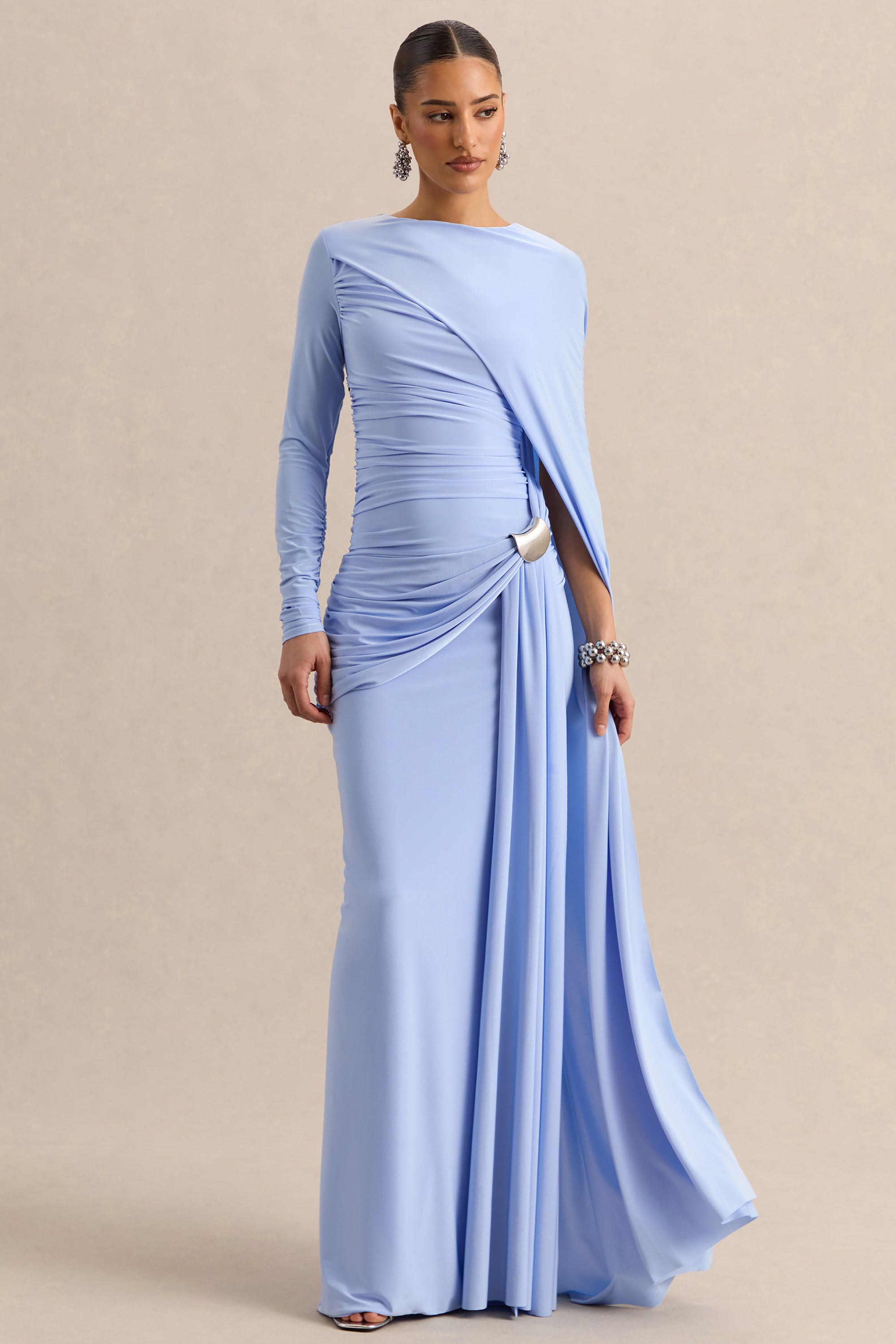 blue and gold maxi dress Baltic Born Womens Agnes Satin Maxi Dress | Blue + Gold