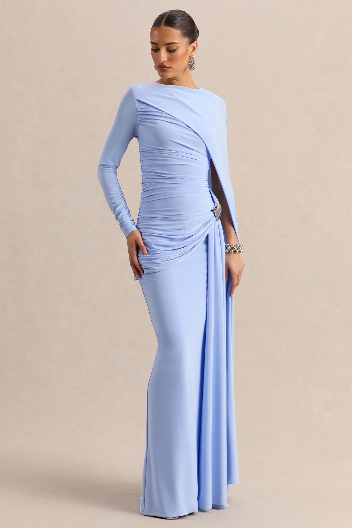 Orintha Powder Blue Wide-Neck Maxi Dress With Cape And Gold-Detail Club L London - USA Orintha Powder Blue Wide-Neck Maxi Dress With Cape And Gold-Detail Club L London - USA