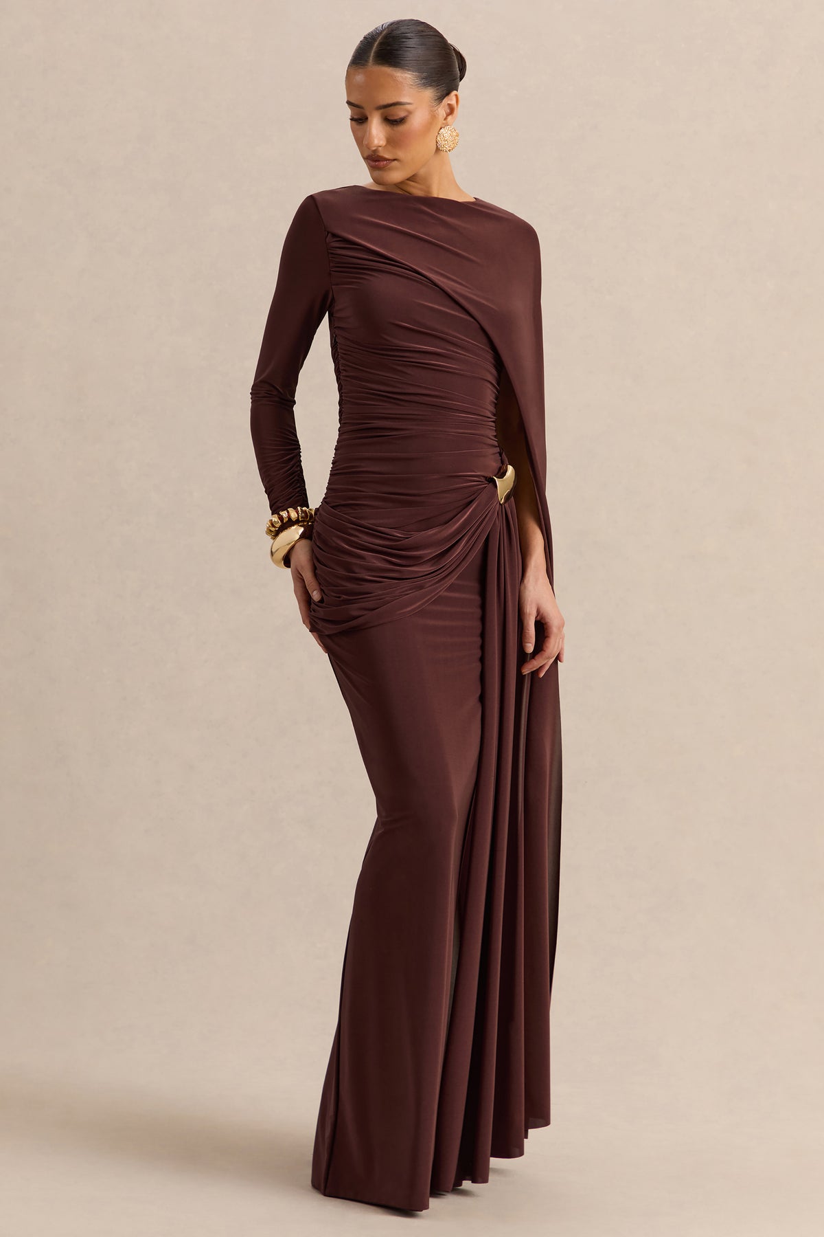 Orintha Brown Slashed-Neck Maxi Dress With Cape And Gold-Detail Club L London - USA Orintha Brown Slashed-Neck Maxi Dress With Cape And Gold-Detail Club L London - USA