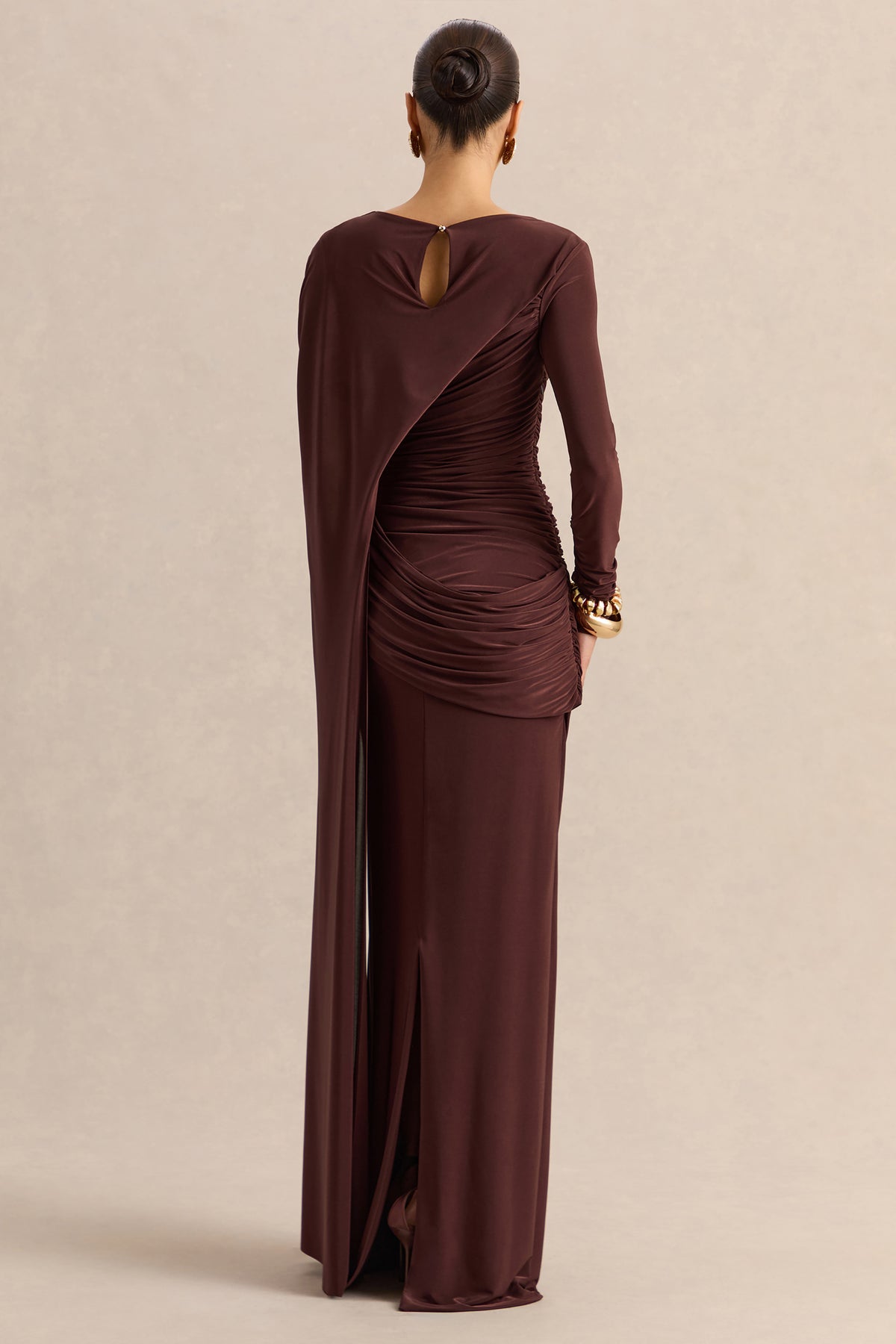 Orintha Brown Slashed-Neck Maxi Dress With Cape And Gold-Detail Club L London - USA Orintha Brown Slashed-Neck Maxi Dress With Cape And Gold-Detail Club L London - USA