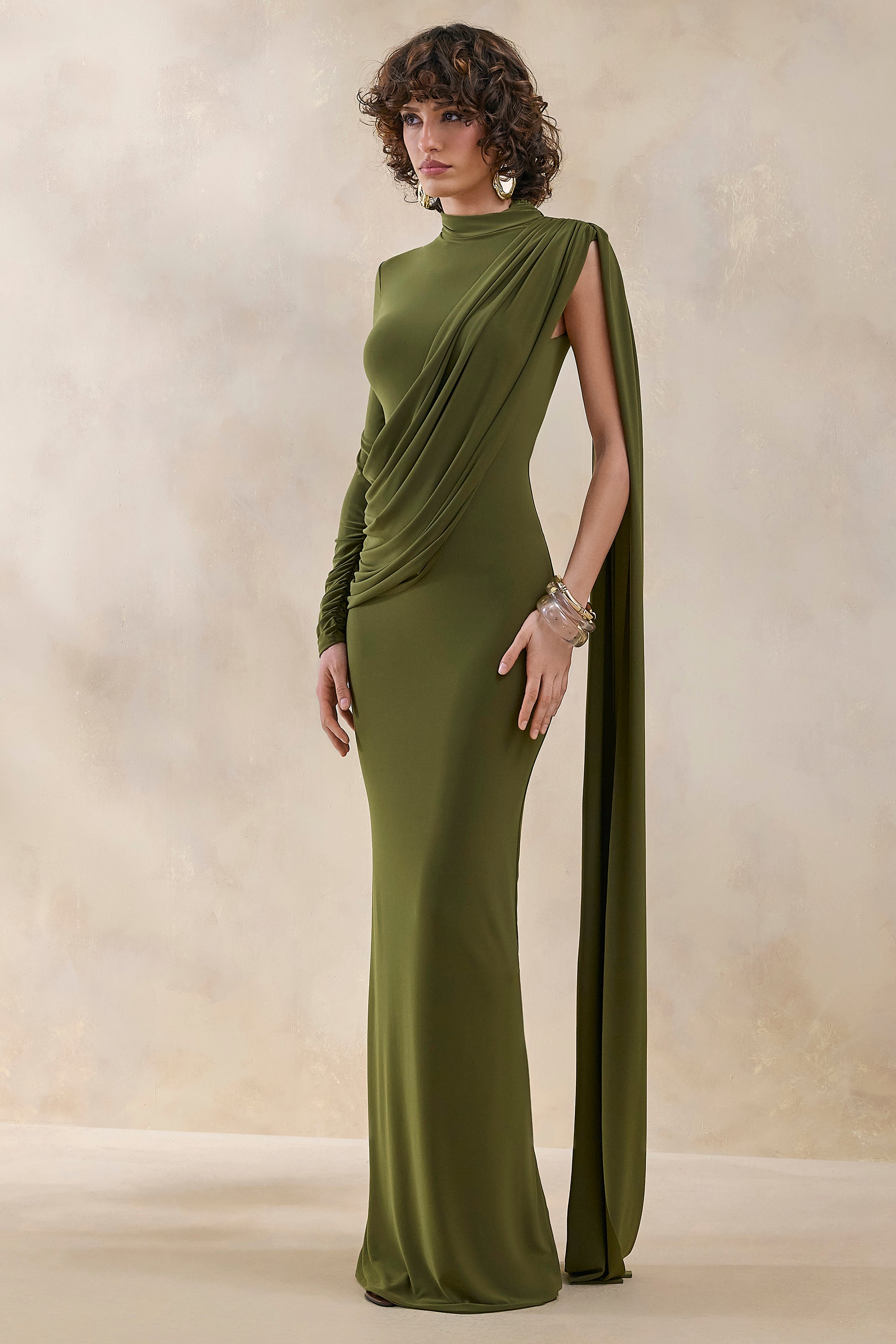 olive green satin dress long sleeve Azazie Raye