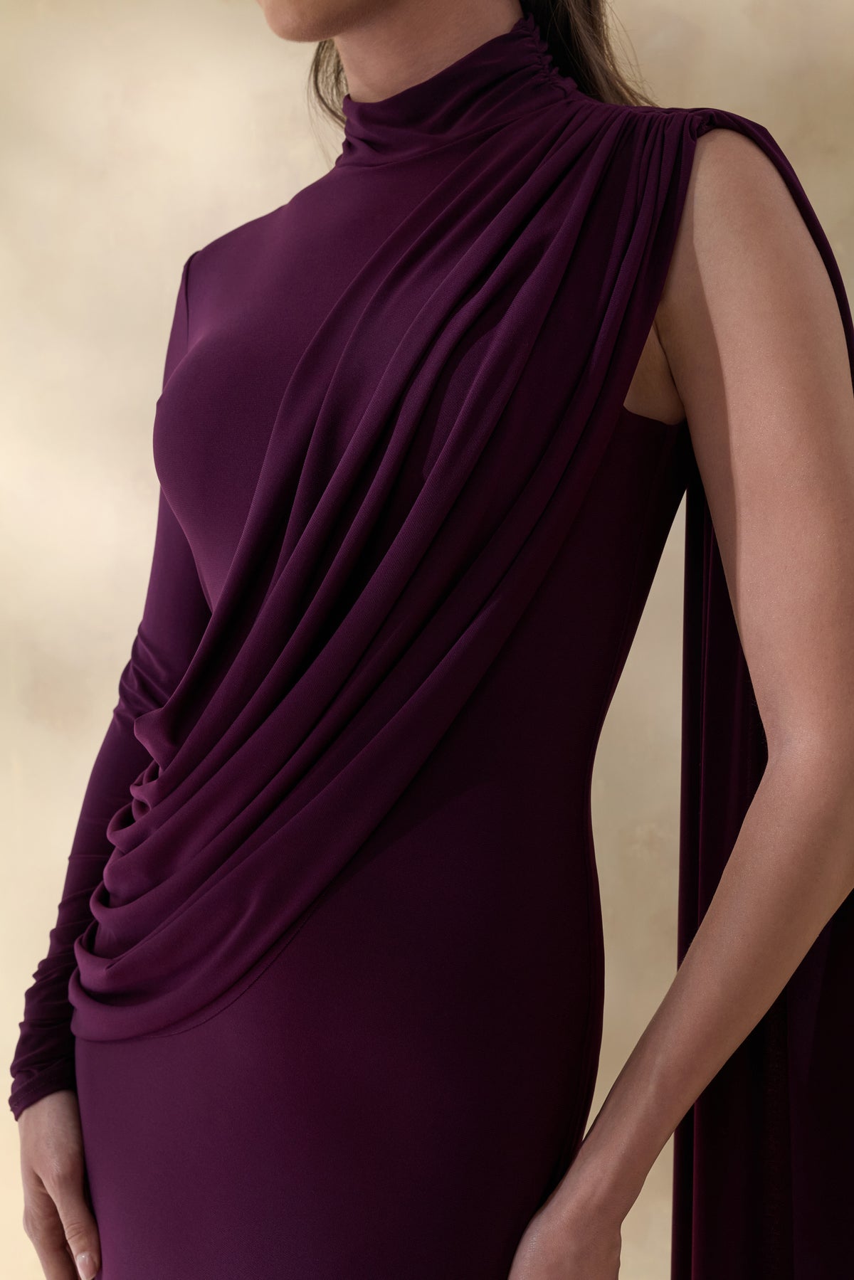 long sleeve dark purple dress Oliria | Dark PLUM High-Neck Maxi Dress With One-Long Sleeve And Sash-Detail