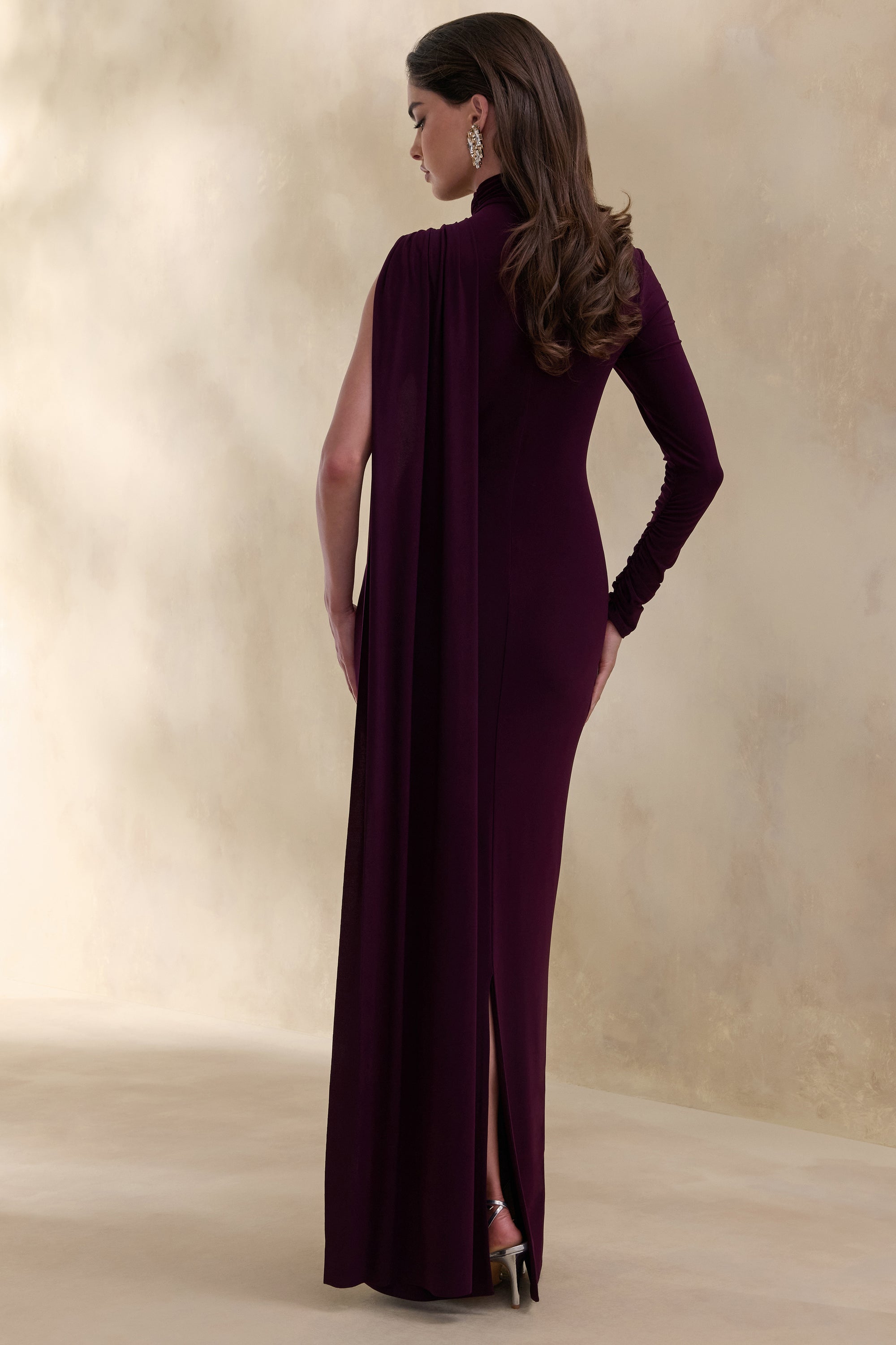 Oliria | Dark PLUM High-Neck Maxi Dress With One-Long Sleeve And Sash-Detail