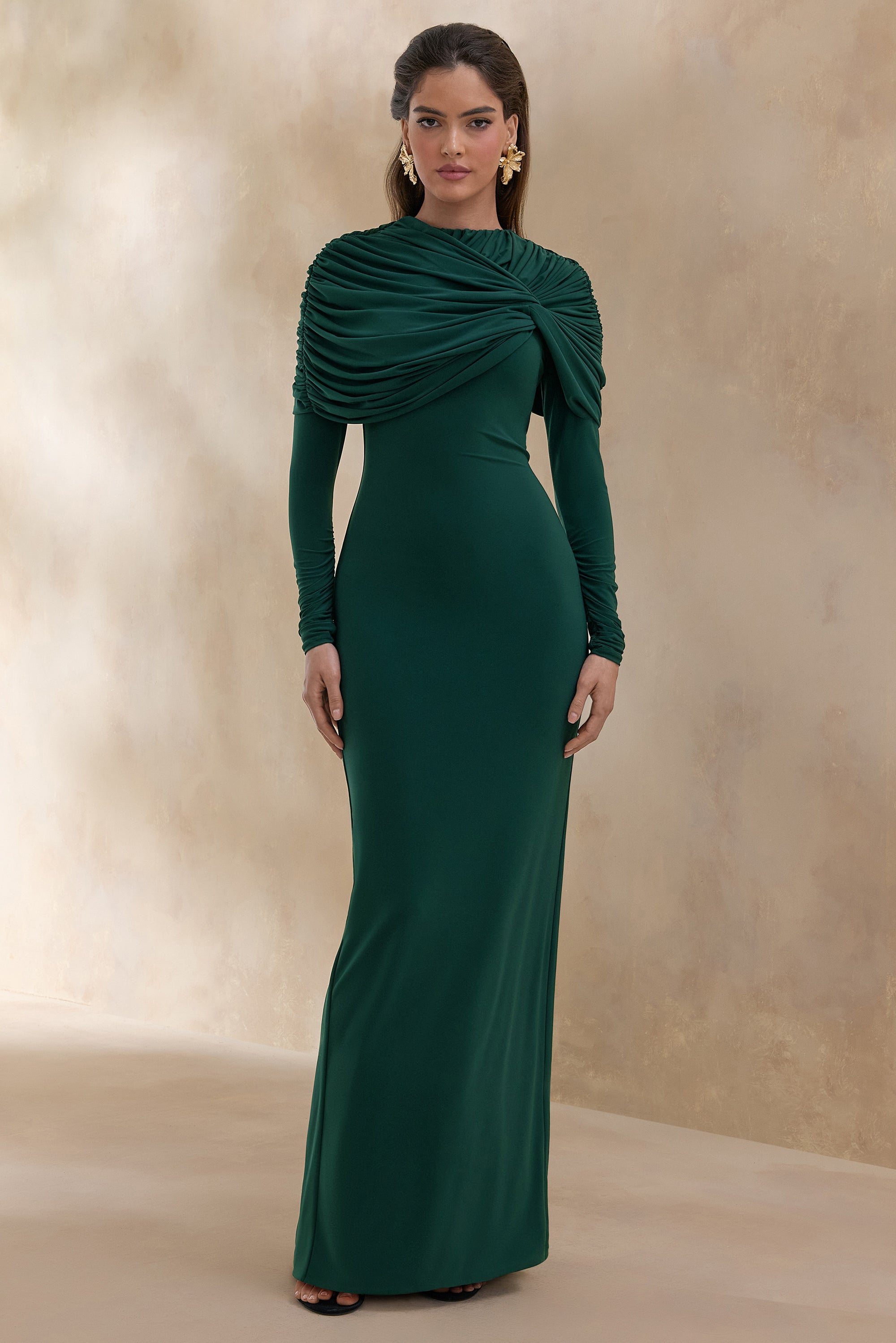 high neck dark green dress Evessa | DARK Green High-Neck Maxi Dress With Gathered-Detailing
