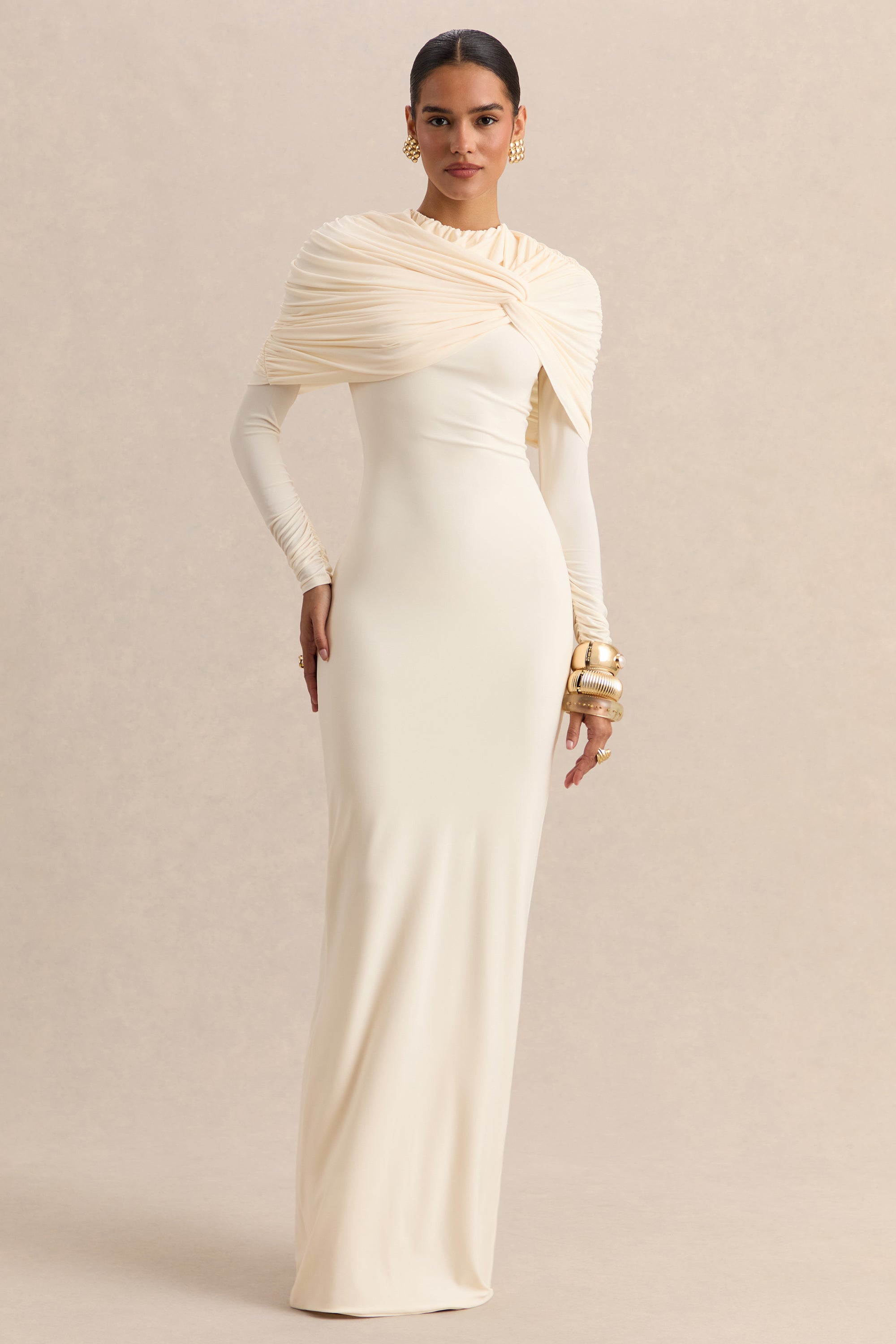 Evessa | Cream Crew-Neck Maxi Dress With Gathered-Detailing