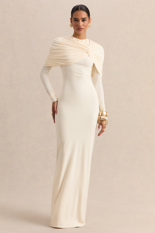 ECMH-HR-CL137698111 - Evessa - Cream High-Neck Maxi Dress With Gathered-Detailing 02.jpg