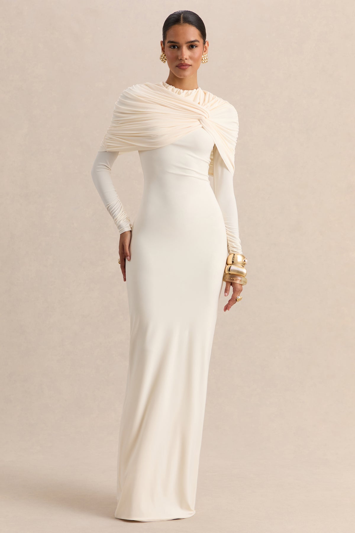 Evessa | Cream Crew-Neck Maxi Dress With Gathered-Detailing Evessa | Cream Crew-Neck Maxi Dress With Gathered-Detailing