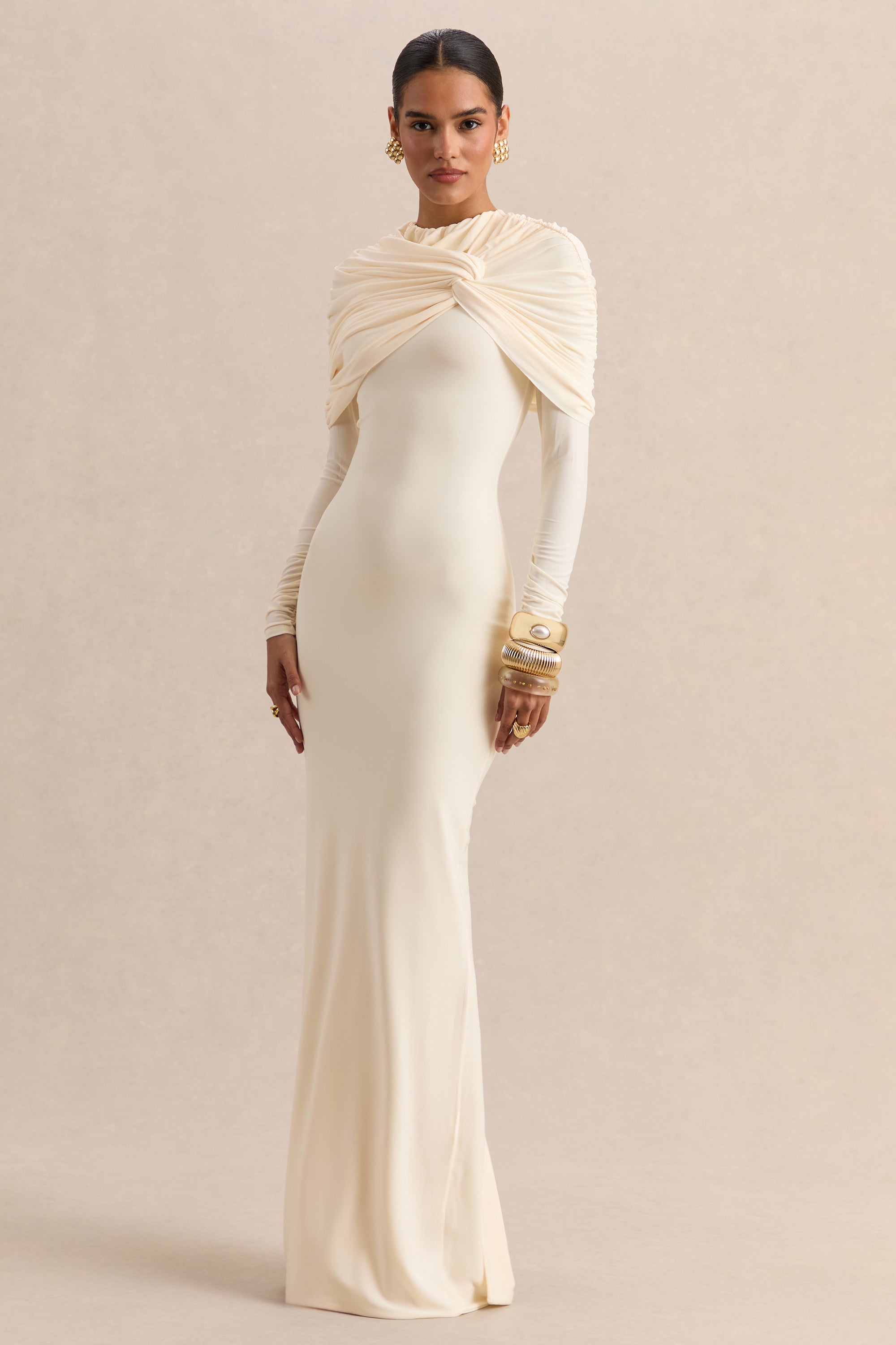 cream maxi evening dress Shona Joy - La Lune High Neck Maxi Dress - Cream