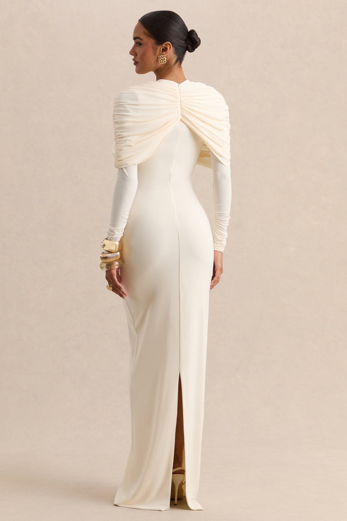 Evessa Cream Crew-Neck Maxi Dress With Gathered-Detailing Club L London - USA Evessa Cream Crew-Neck Maxi Dress With Gathered-Detailing Club L London - USA
