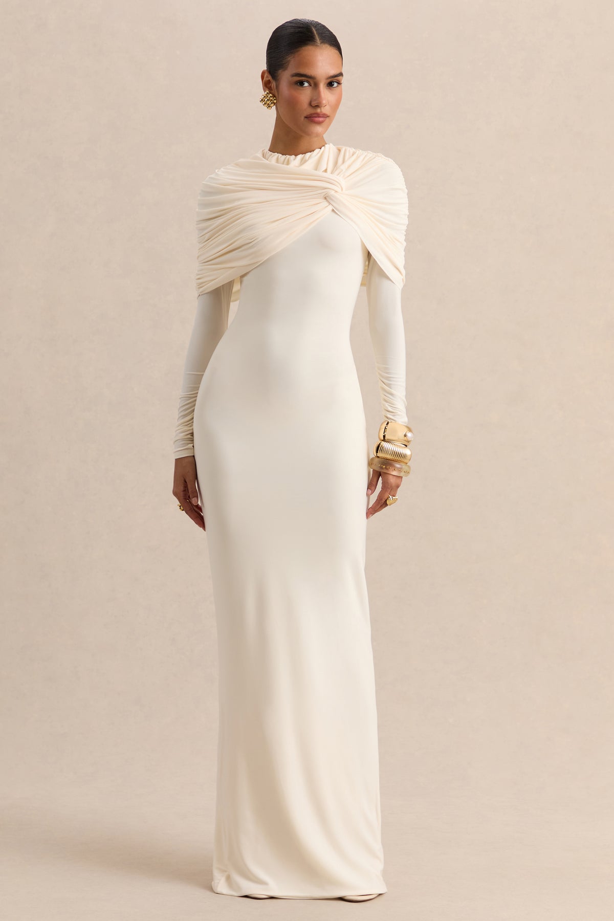 Evessa Cream Crew-Neck Maxi Dress With Gathered-Detailing Club L London - USA Evessa Cream Crew-Neck Maxi Dress With Gathered-Detailing Club L London - USA
