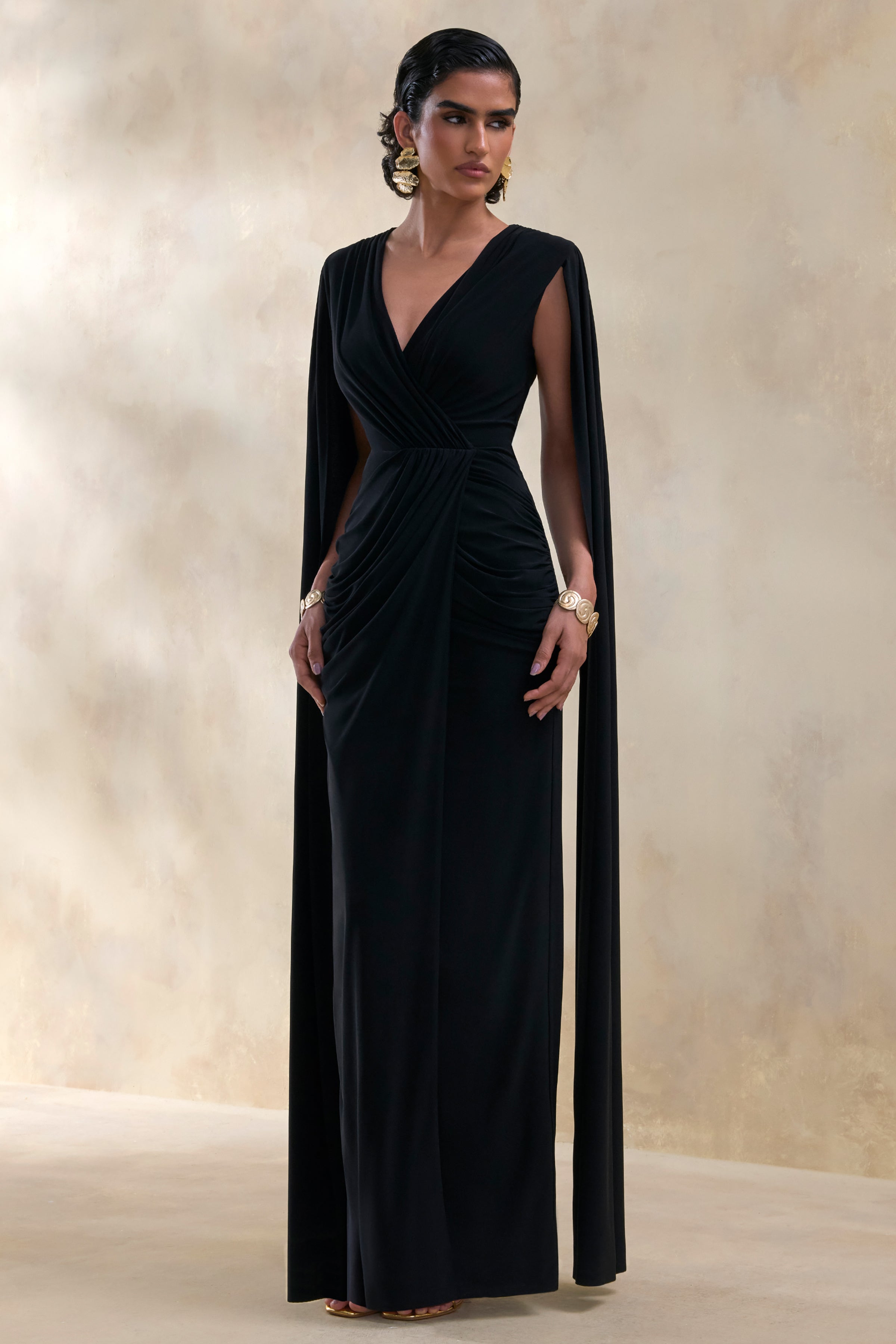 Ulissia | Black V-Neck Maxi Dress With Cape-Sleeves – Club L