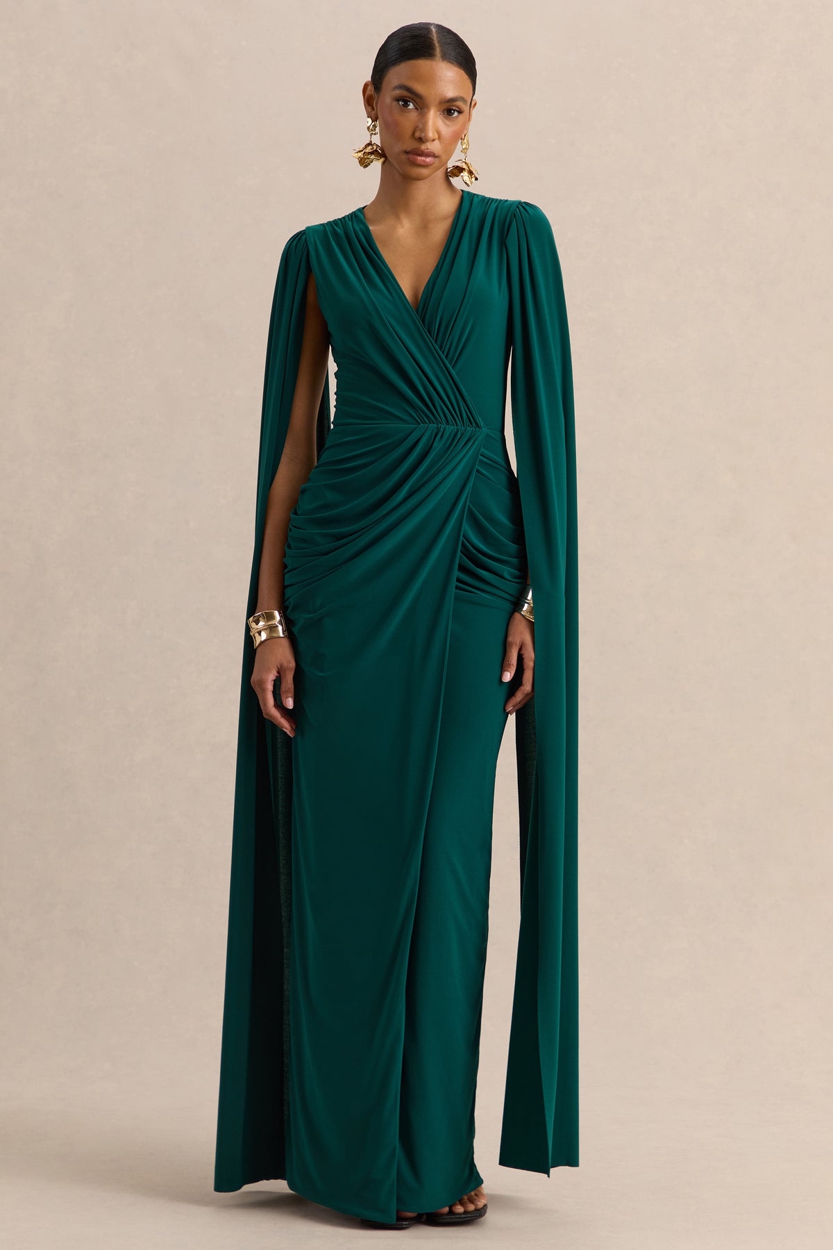 Ulissia | Bottle Green V-Neck Maxi Dress With Cape-Sleeves - UK 12 Bottle Green Ulissia | Bottle Green V-Neck Maxi Dress With Cape-Sleeves - UK 12 Bottle Green