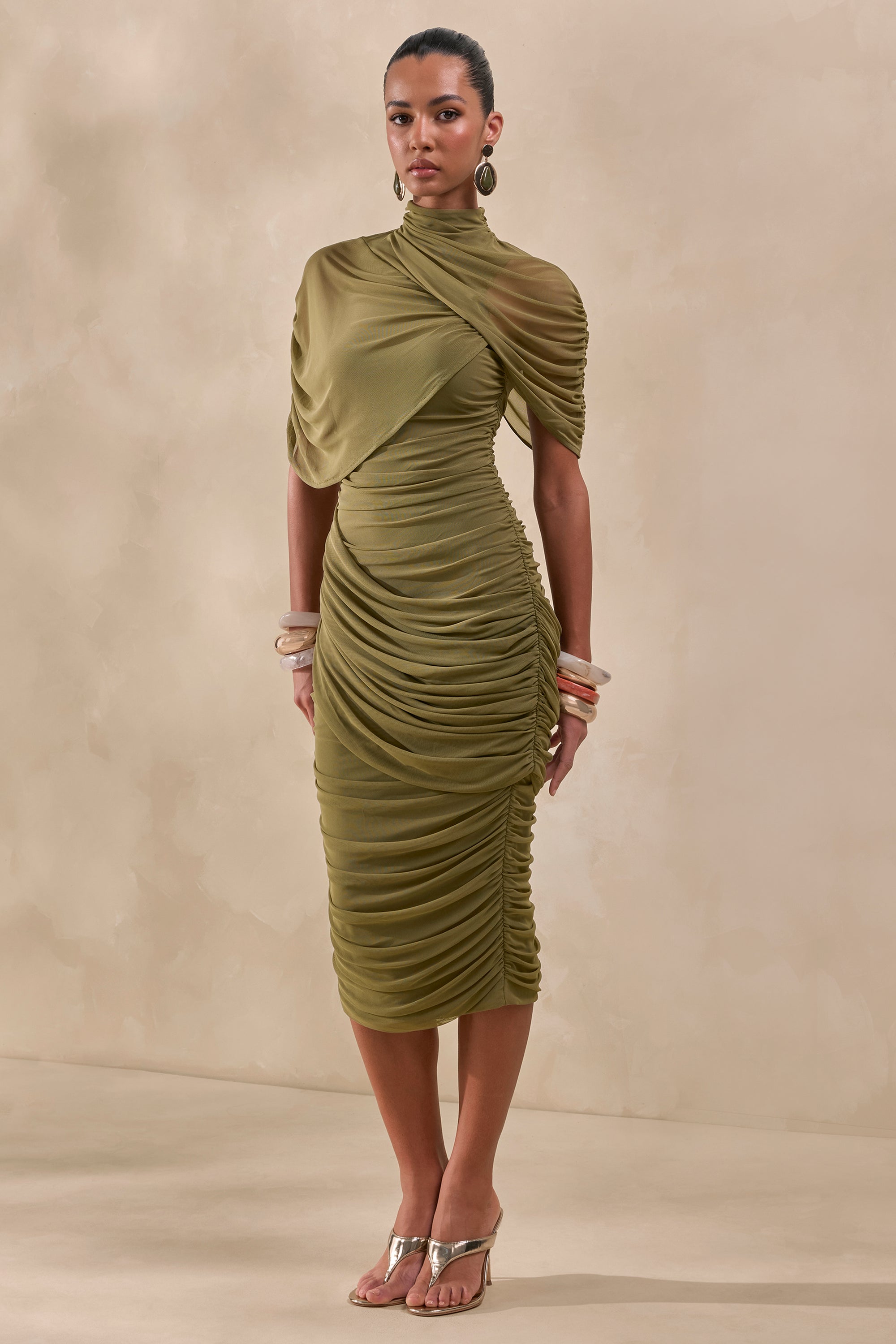 CL137704031 - Fleurise _ Olive Mesh High-Neck Midi Dress With Short Cape-Sleeves And Gathered-Detailing1.jpg