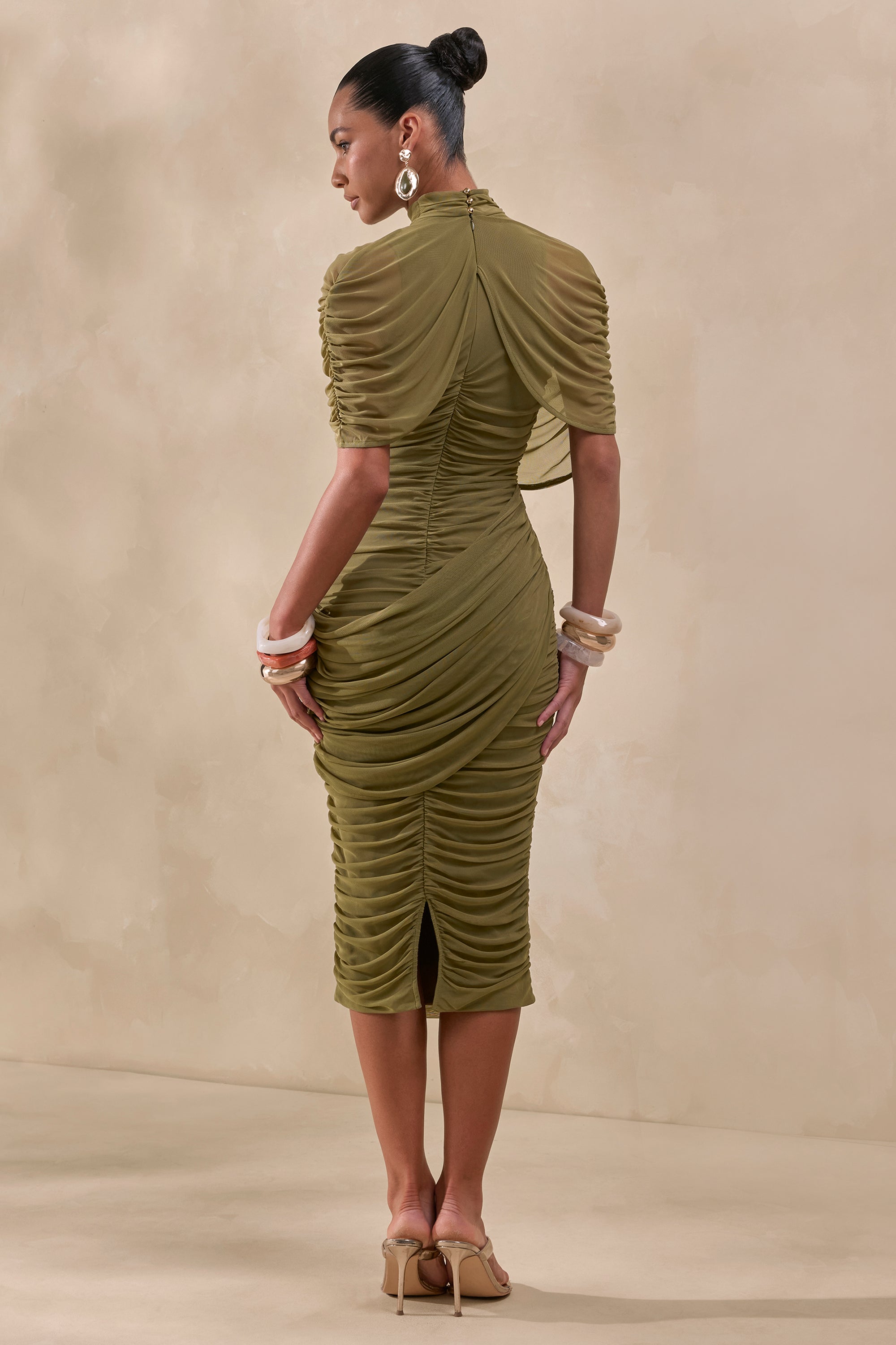 CL137704031 - Fleurise _ Olive Mesh High-Neck Midi Dress With Short Cape-Sleeves And Gathered-Detailing5.jpg
