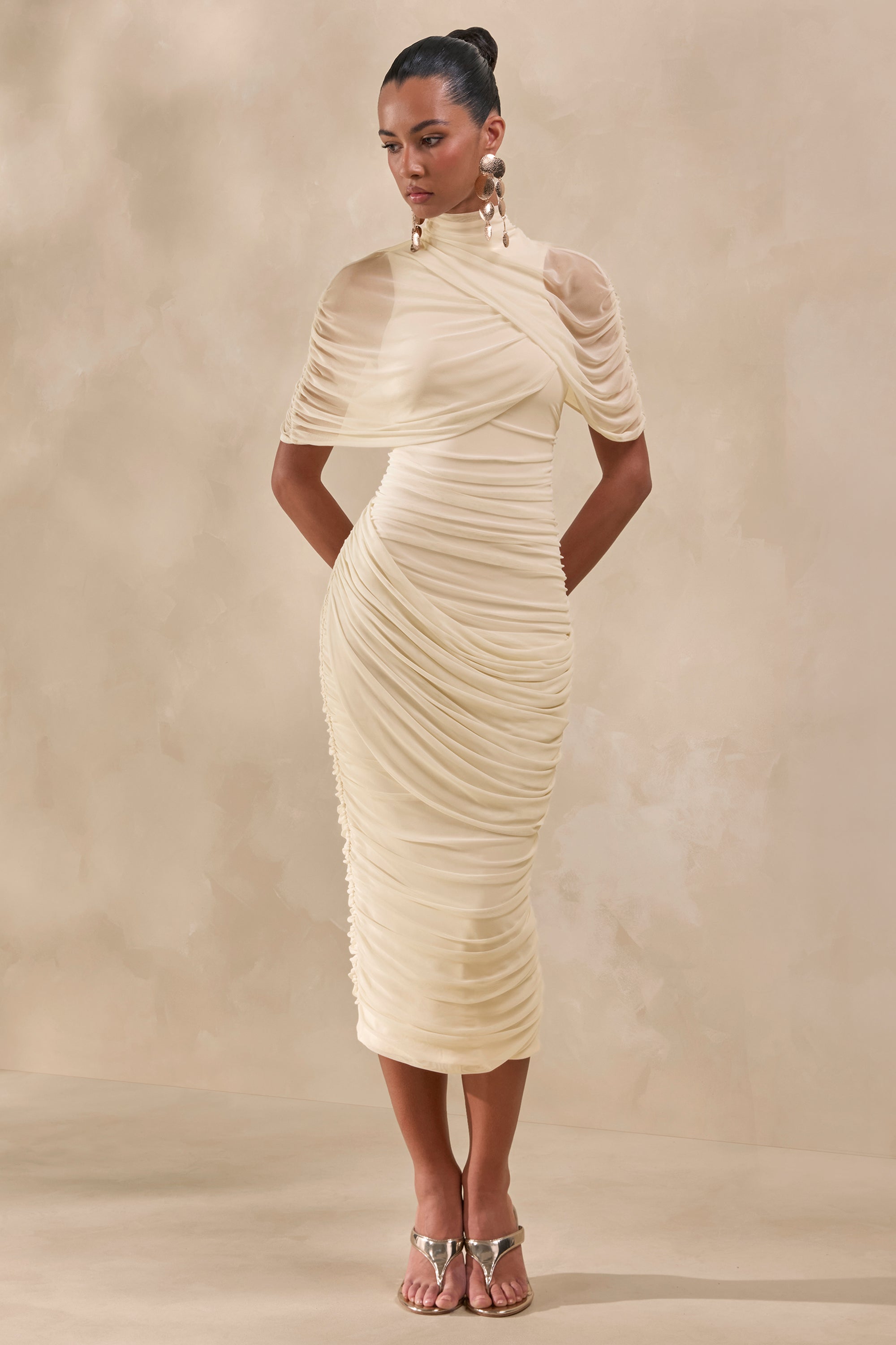 CL137704111 - Fleurise _ Cream Mesh High-Neck Midi Dress With Short Cape-Sleeves And Gathered-Detailing0.jpg