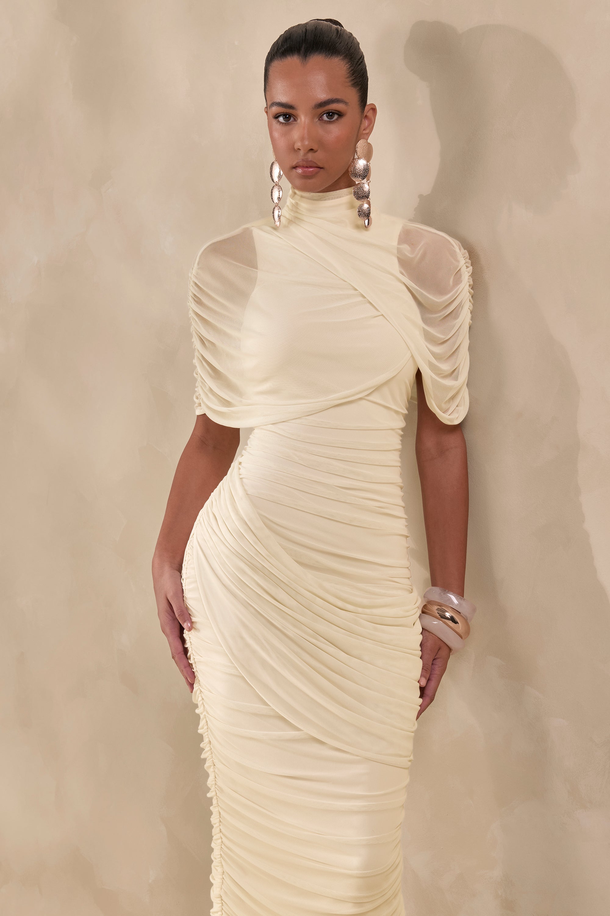 CL137704111 - Fleurise _ Cream Mesh High-Neck Midi Dress With Short Cape-Sleeves And Gathered-Detailing2.jpg