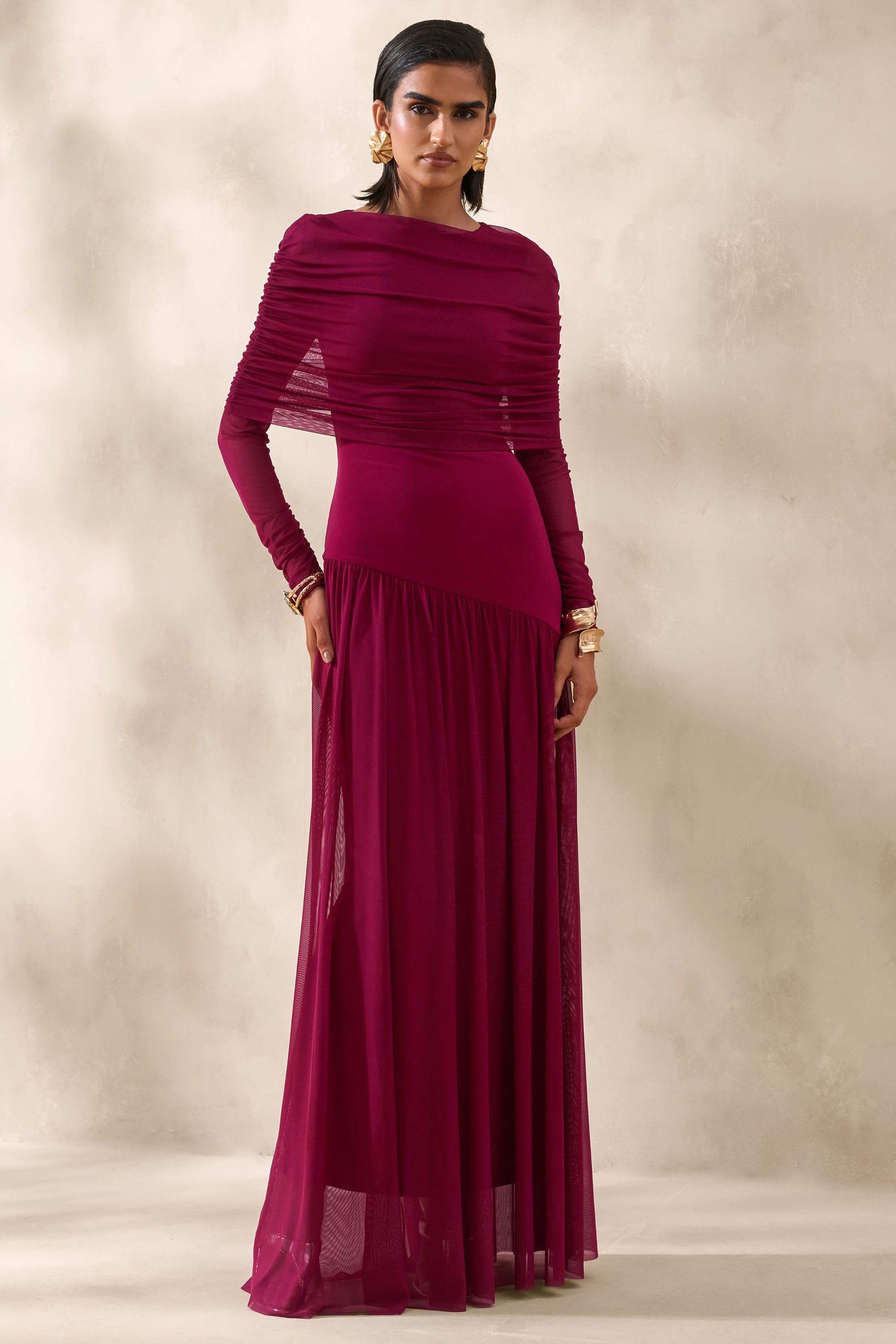 burgundy mesh dress Enalia | Burgundy Mesh High-Neck Maxi Dress With Short-Cape