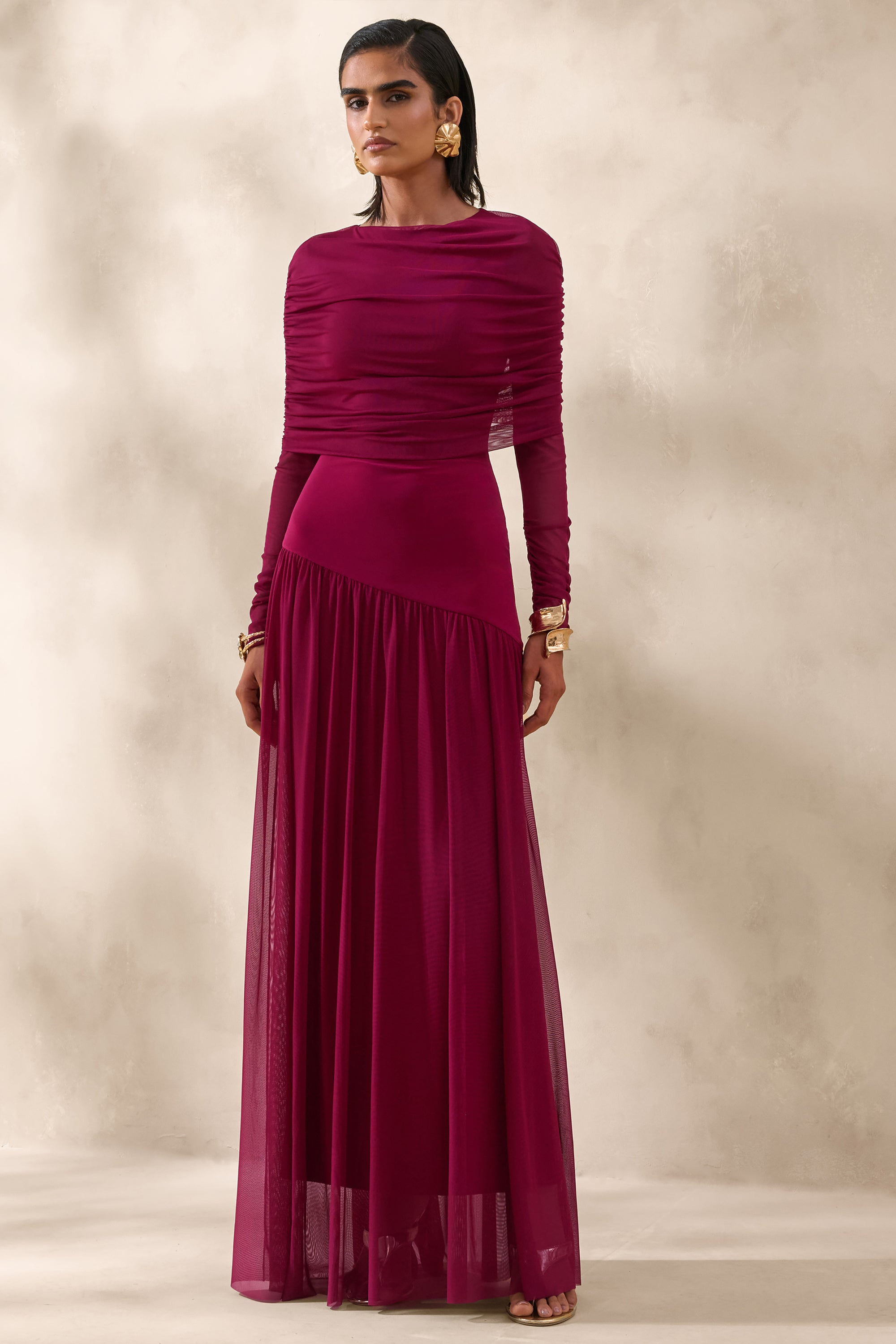 burgundy mesh maxi dress Burgundy One Shoulder Ruched Mesh Maxi Dress - Wisteria