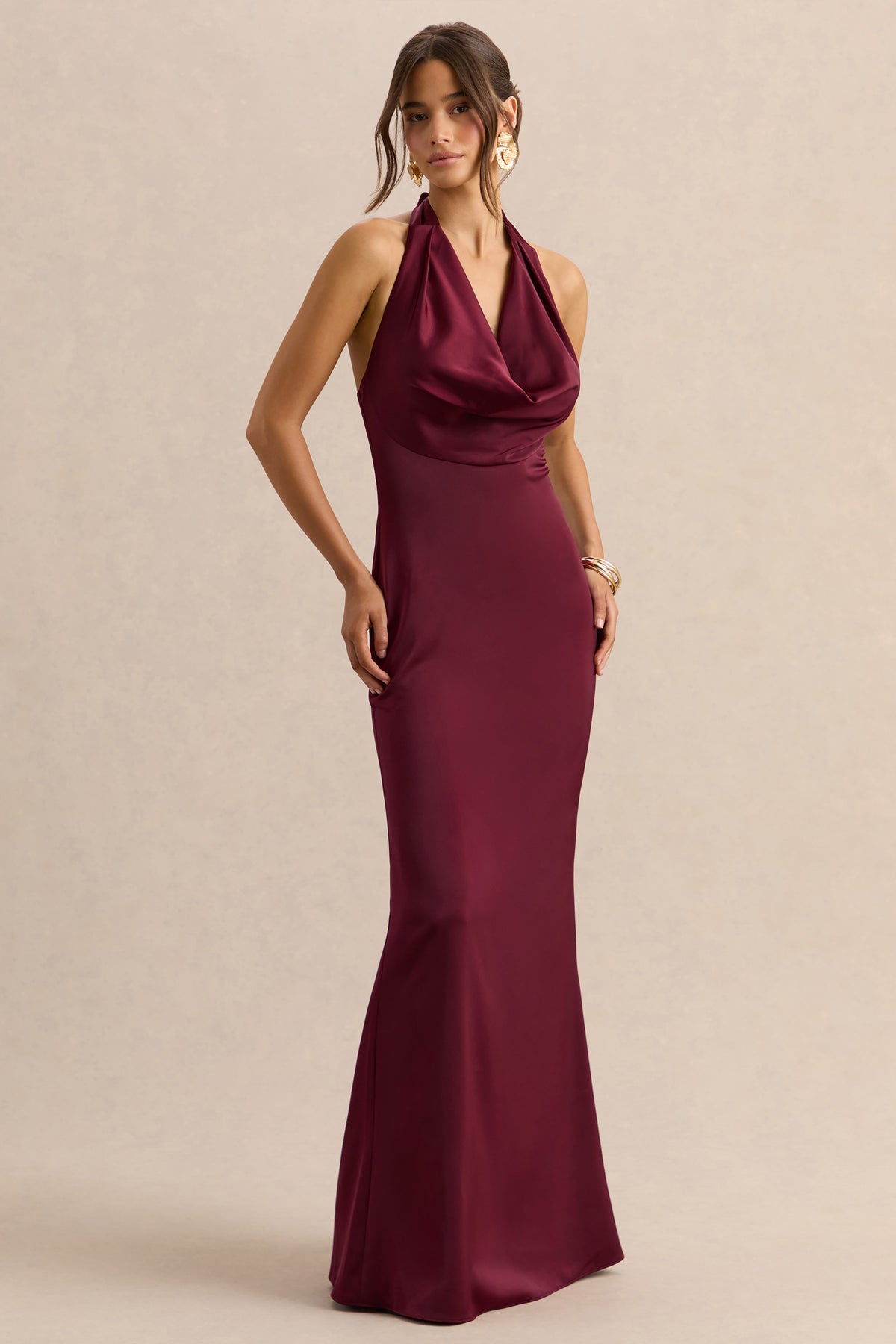 Aralisse Burgundy Satin Cowl-Neck Maxi Dress – Club L London