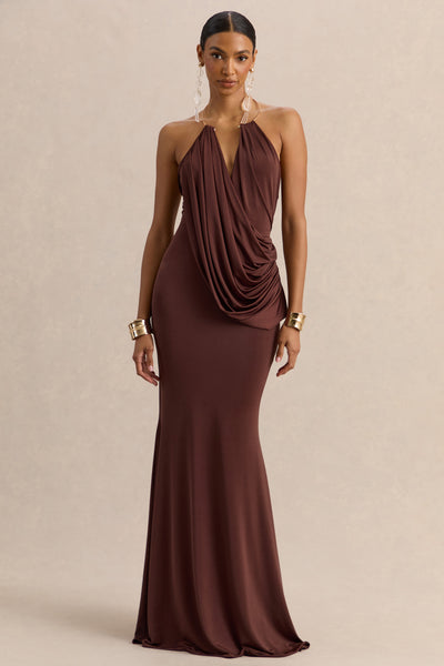 Chanterra | Brown Halter-Neck Maxi Dress With Draped-Detailing - UK 8 Brown Chanterra | Brown Halter-Neck Maxi Dress With Draped-Detailing - UK 8 Brown